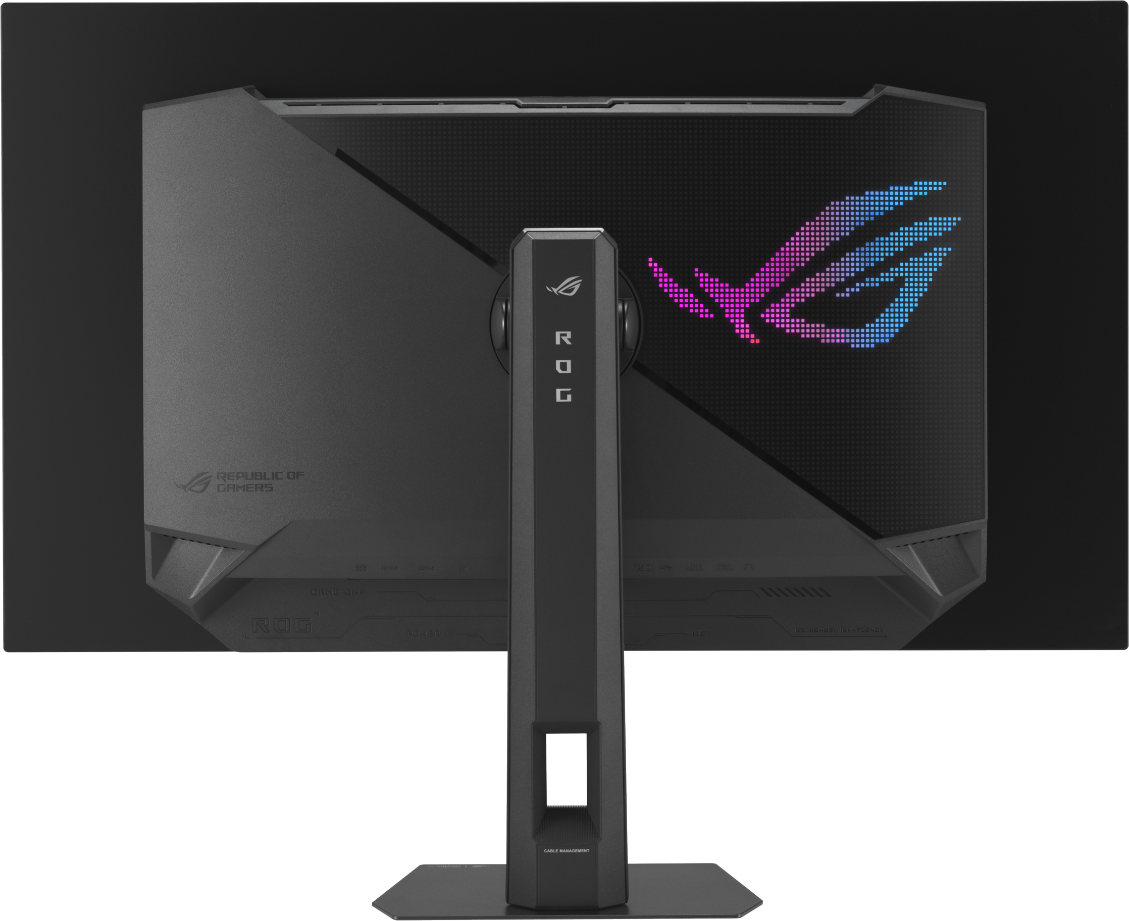 Rückansicht eines schwarzen ASUS ROG Monitors mit RGB-Logo und Ständer.