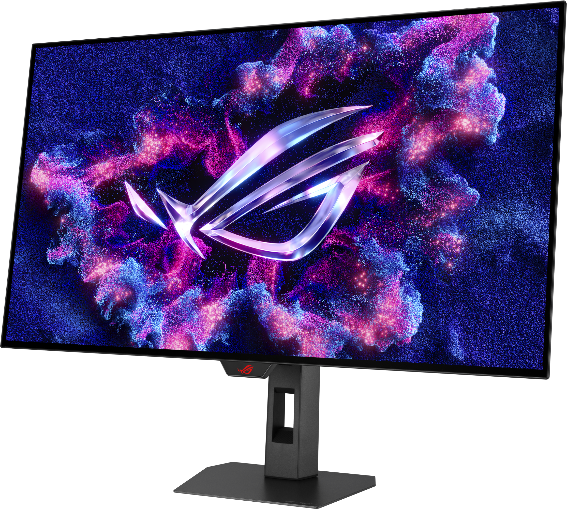 Ein Gaming-Monitor mit dem ROG-Logo vor einem Hintergrund aus blauen und violetten Partikeln.