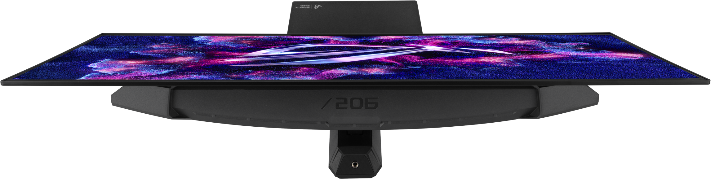 Ein gebogener Gaming-Monitor mit einem kosmischen Hintergrundbild in Lila und Blau.