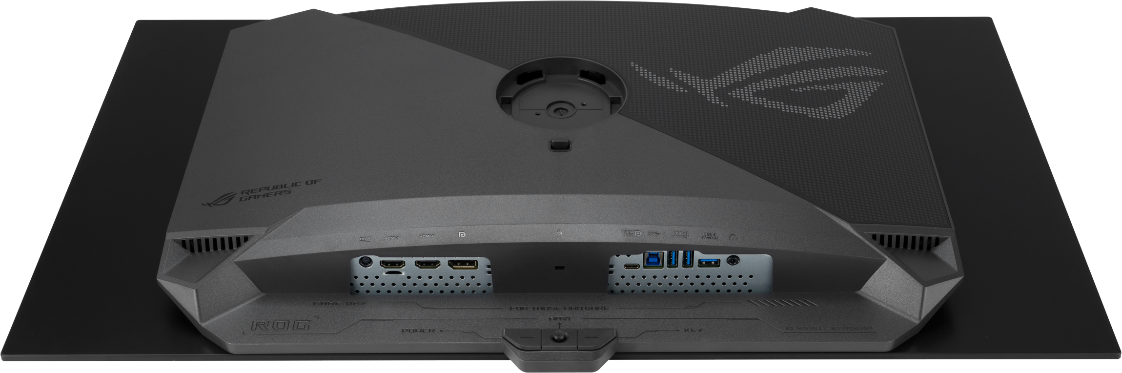 Rückseite eines schwarzen Monitors mit Anschlüssen und ROG-Logo.