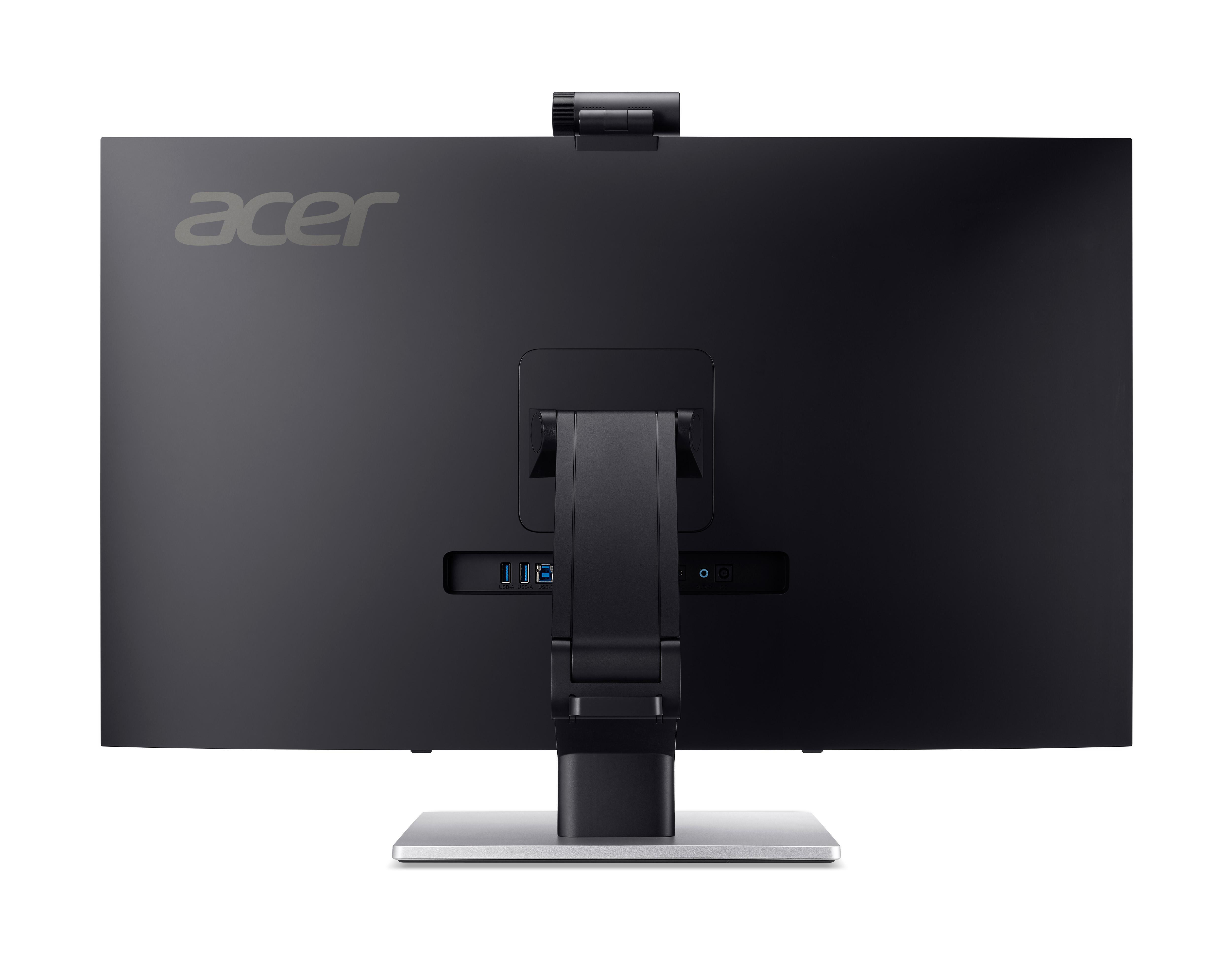Rückansicht eines schwarzen Acer-Monitors mit silbernem Standfuß und integrierter Webcam.