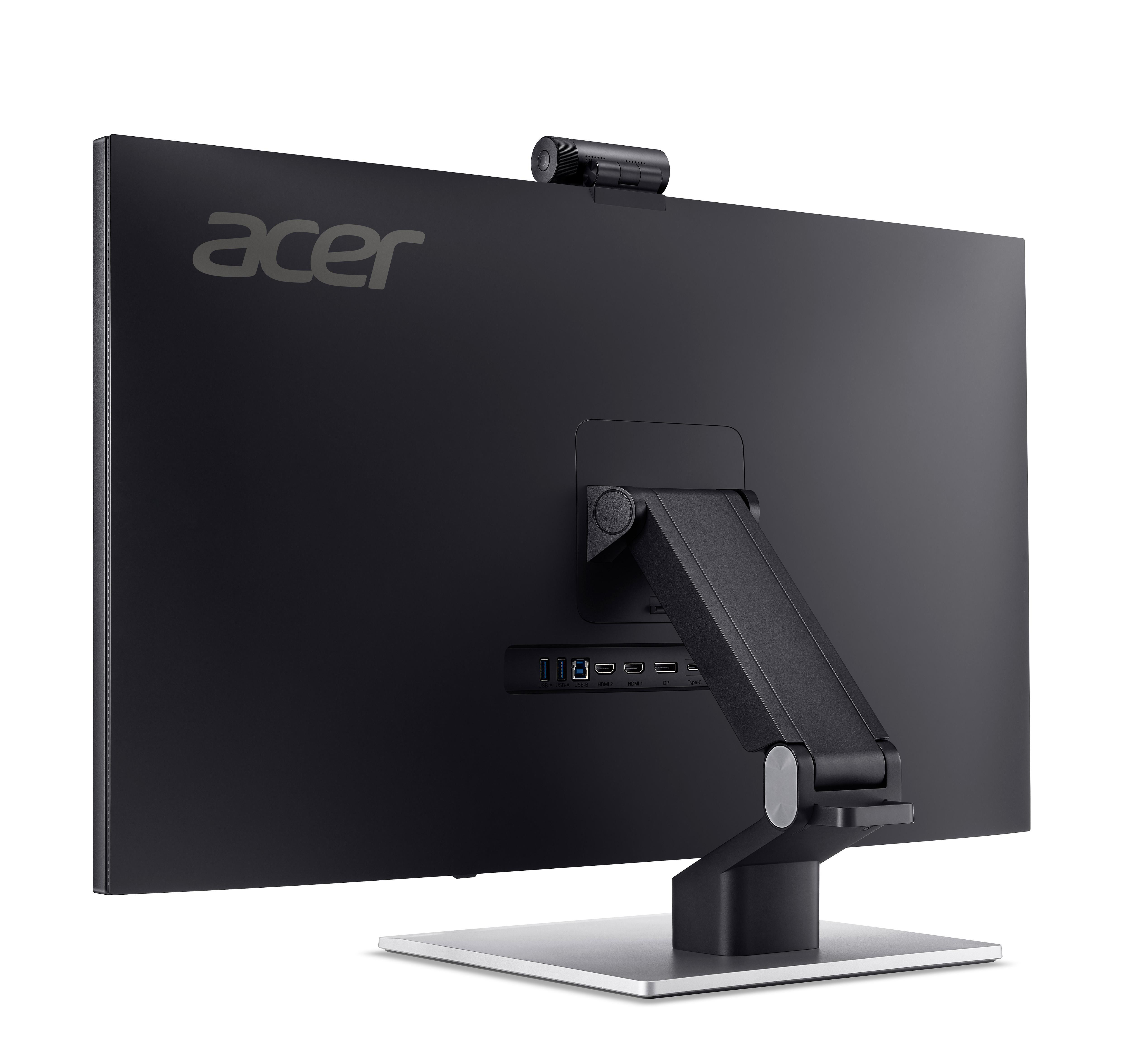 Rückseite eines schwarzen Acer Monitors mit silbernem Standfuß und Anschlussmöglichkeiten.