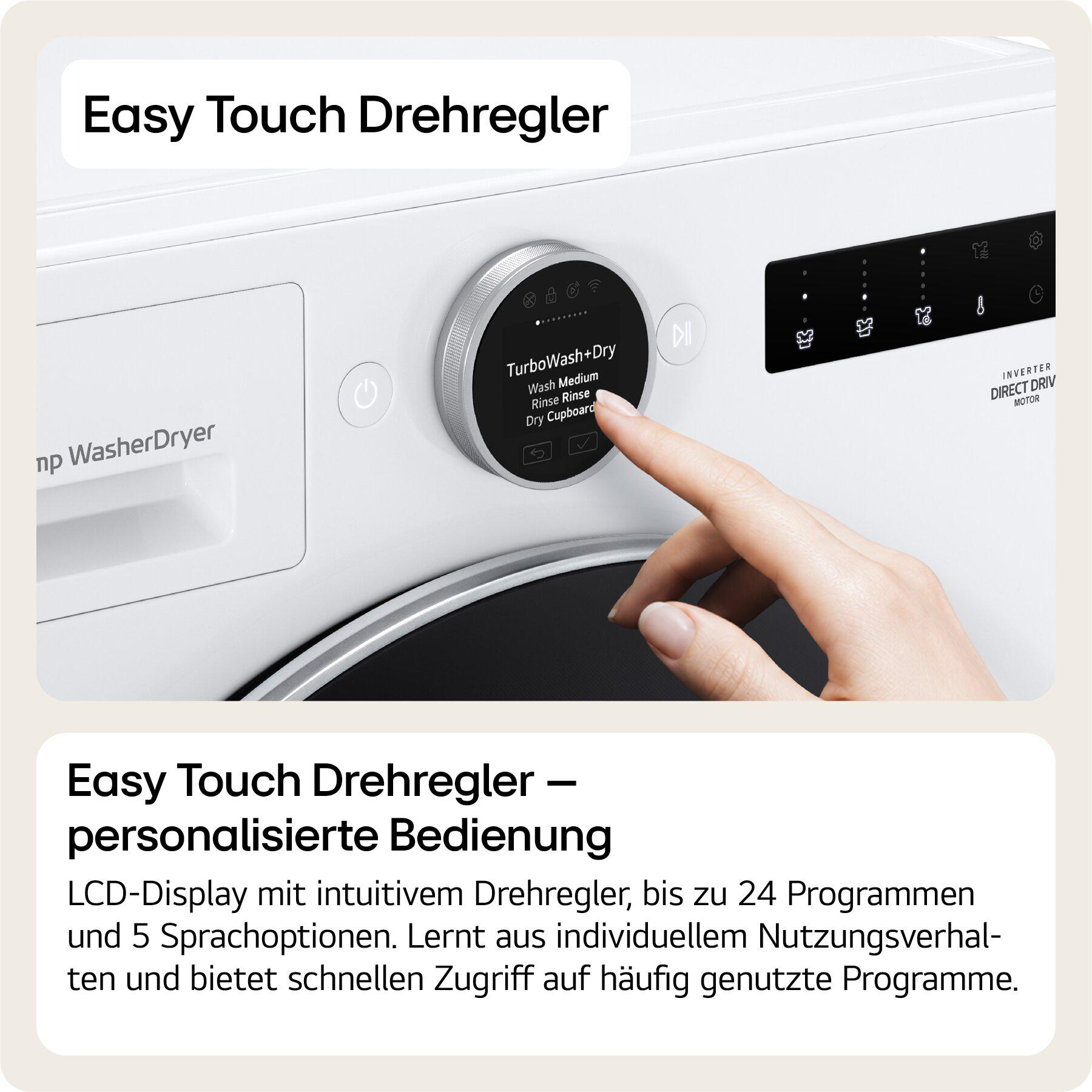 Eine Hand wählt auf einem Waschmaschinen-Display das Programm TurboWash+Dry aus.