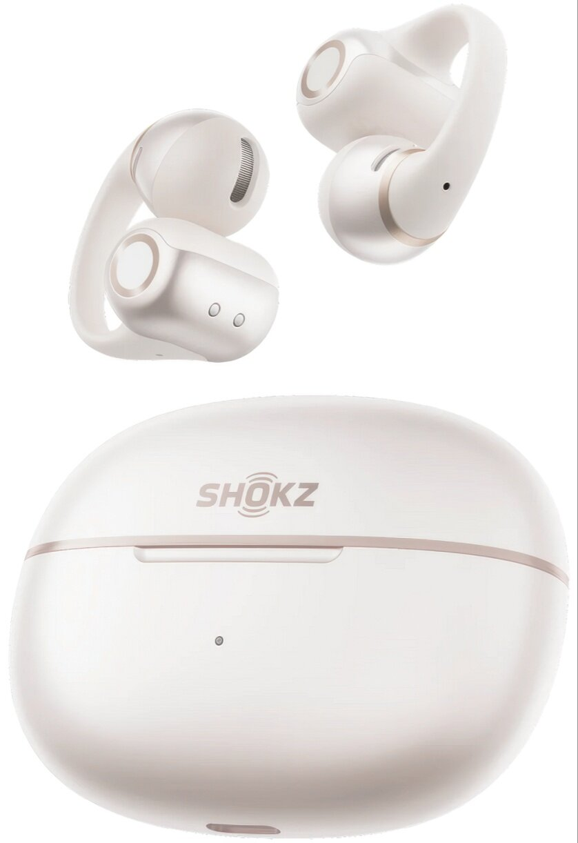 Białe słuchawki bezprzewodowe z etui ładującym, marka "SHOKZ".
