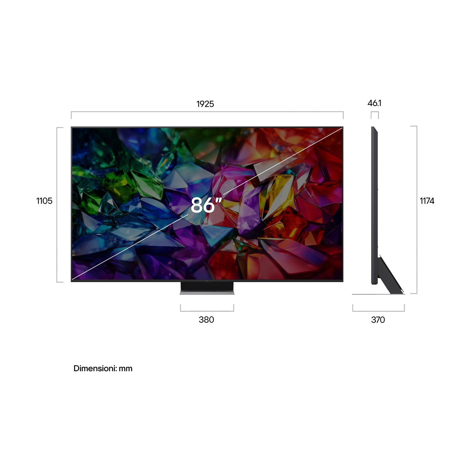 TV da 86 pollici con dimensioni: A 1174, L 1925, P 46,1. Supporto: L 380, P 370.
