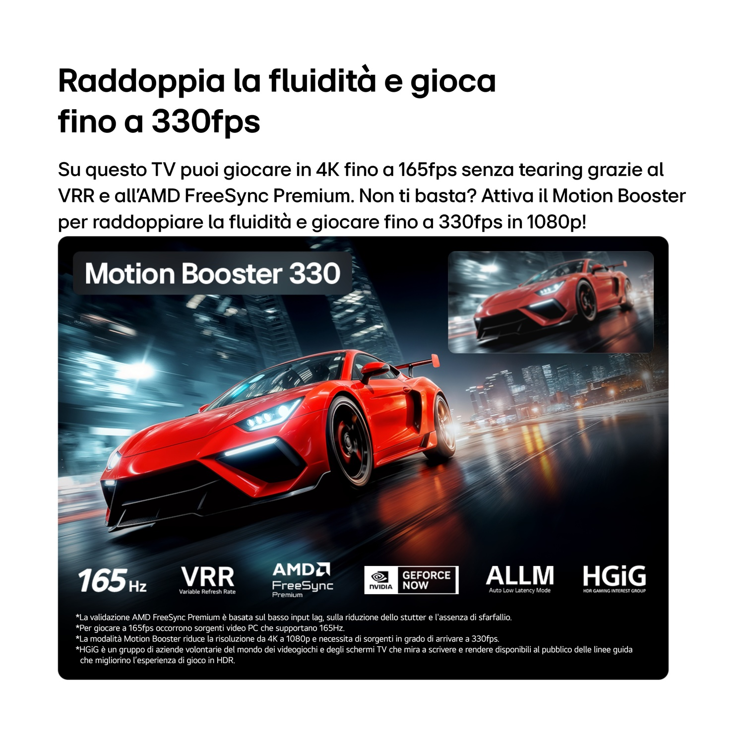 Un'auto sportiva rossa guida su una strada bagnata di notte. Loghi Motion Booster 330.