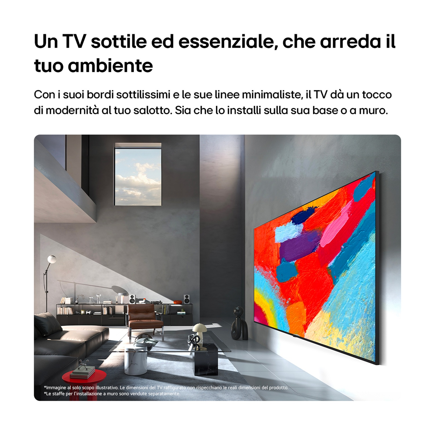 Un soggiorno moderno con un grande televisore colorato montato a parete.