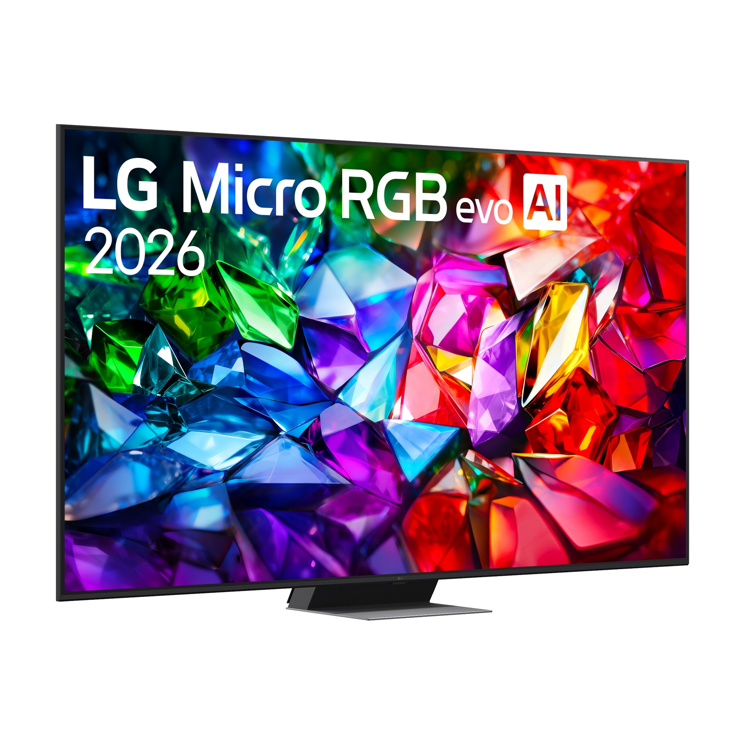 Una TV LG con scritta "LG Micro RGB evo AI 2026" su cristalli colorati.