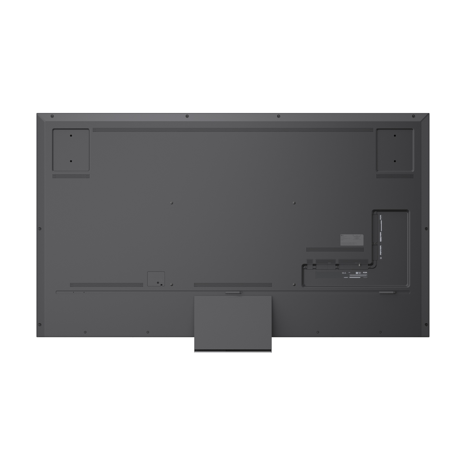 Vista posteriore di un televisore grigio con porte e supporto.