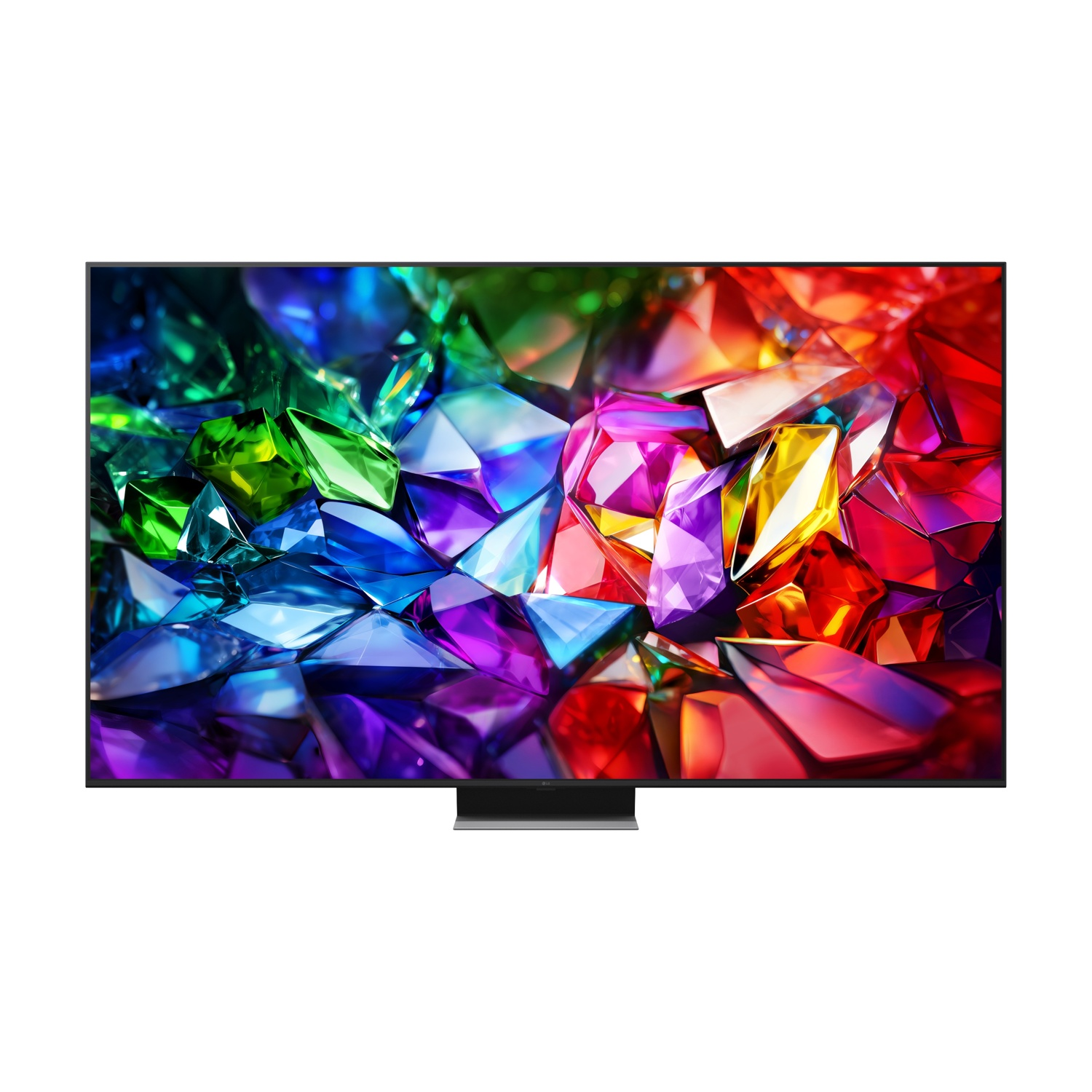 Un televisore moderno con un vivace screensaver simile a un gioiello e un supporto elegante.