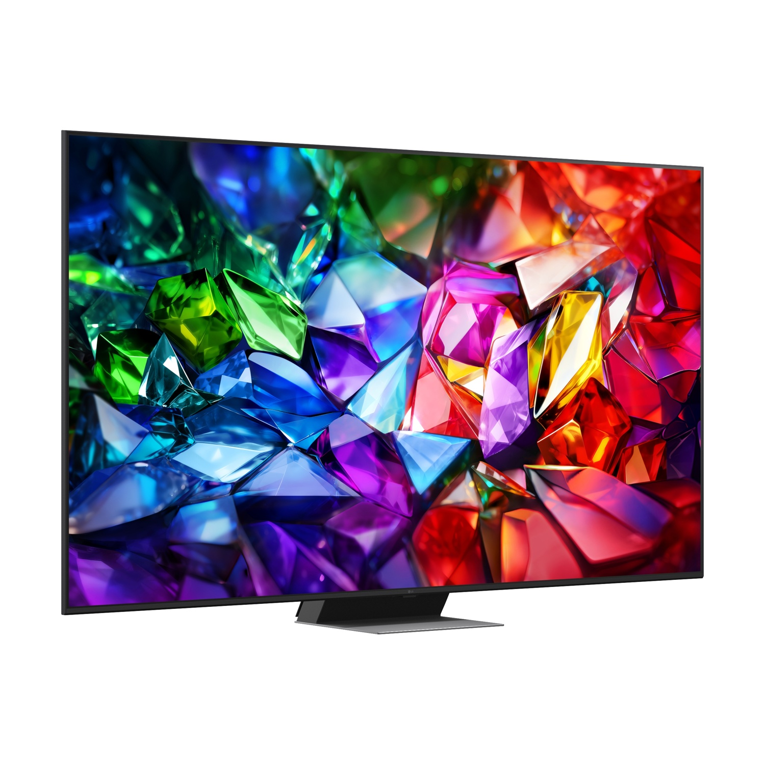 Una moderna TV nera con un vibrante motivo di gemme colorate sullo schermo.