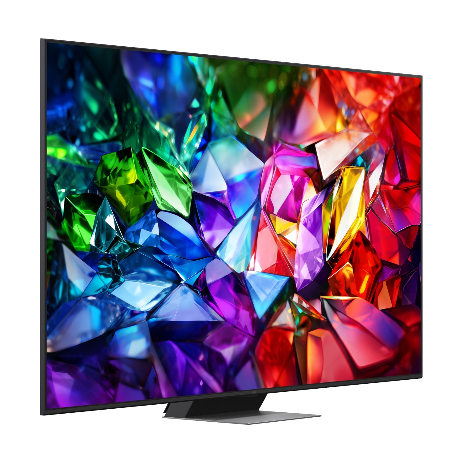 Un televisore moderno con uno sfondo astratto e colorato di cristalli.