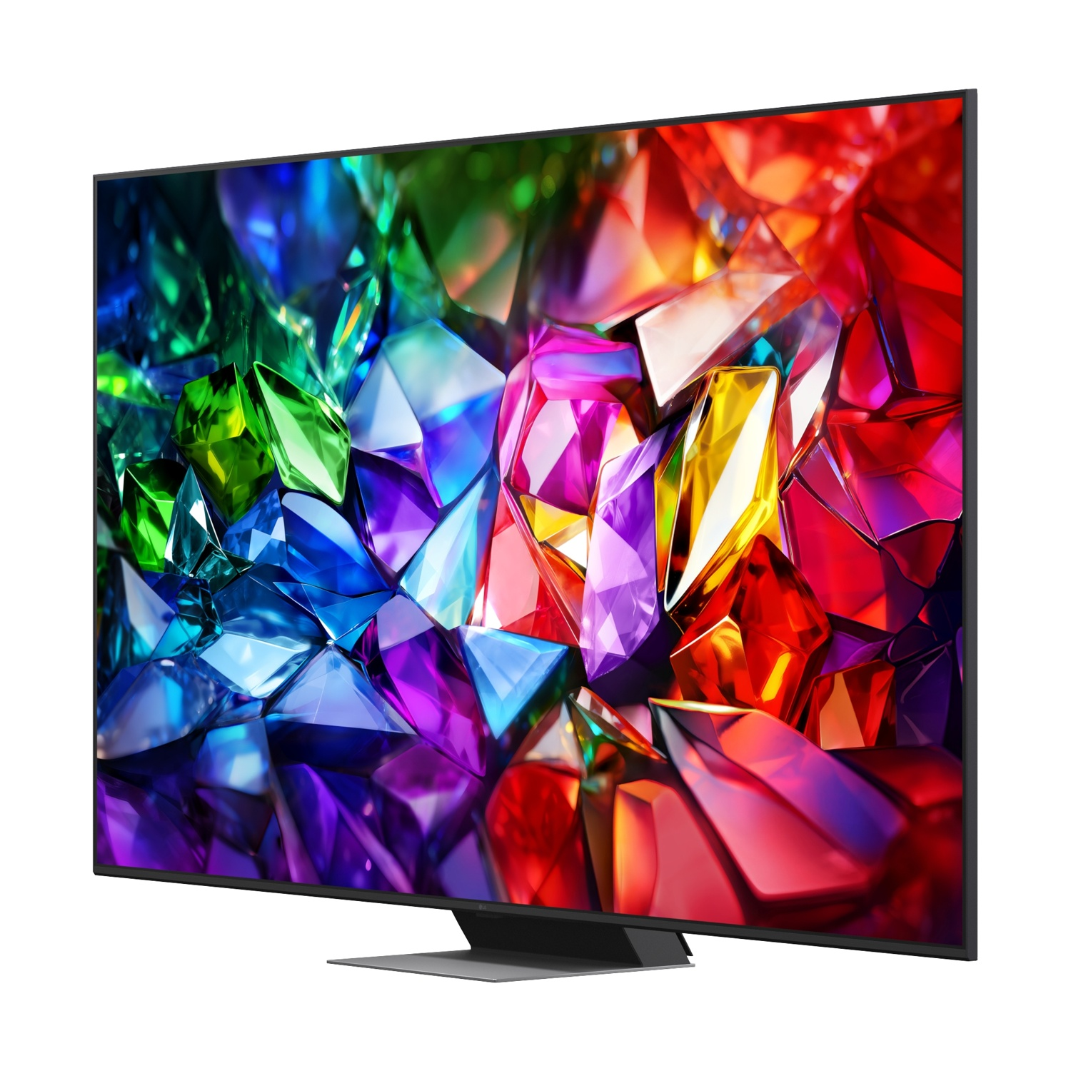 Una TV moderna a schermo piatto con uno screensaver astratto e colorato.
