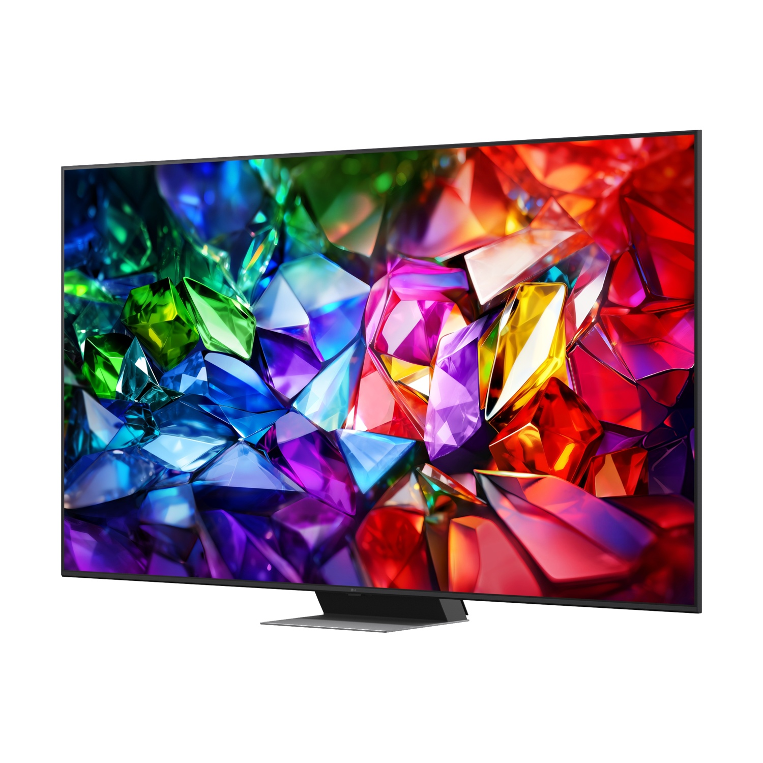 Una TV moderna con un'immagine astratta e colorata simile a cristalli sullo schermo.