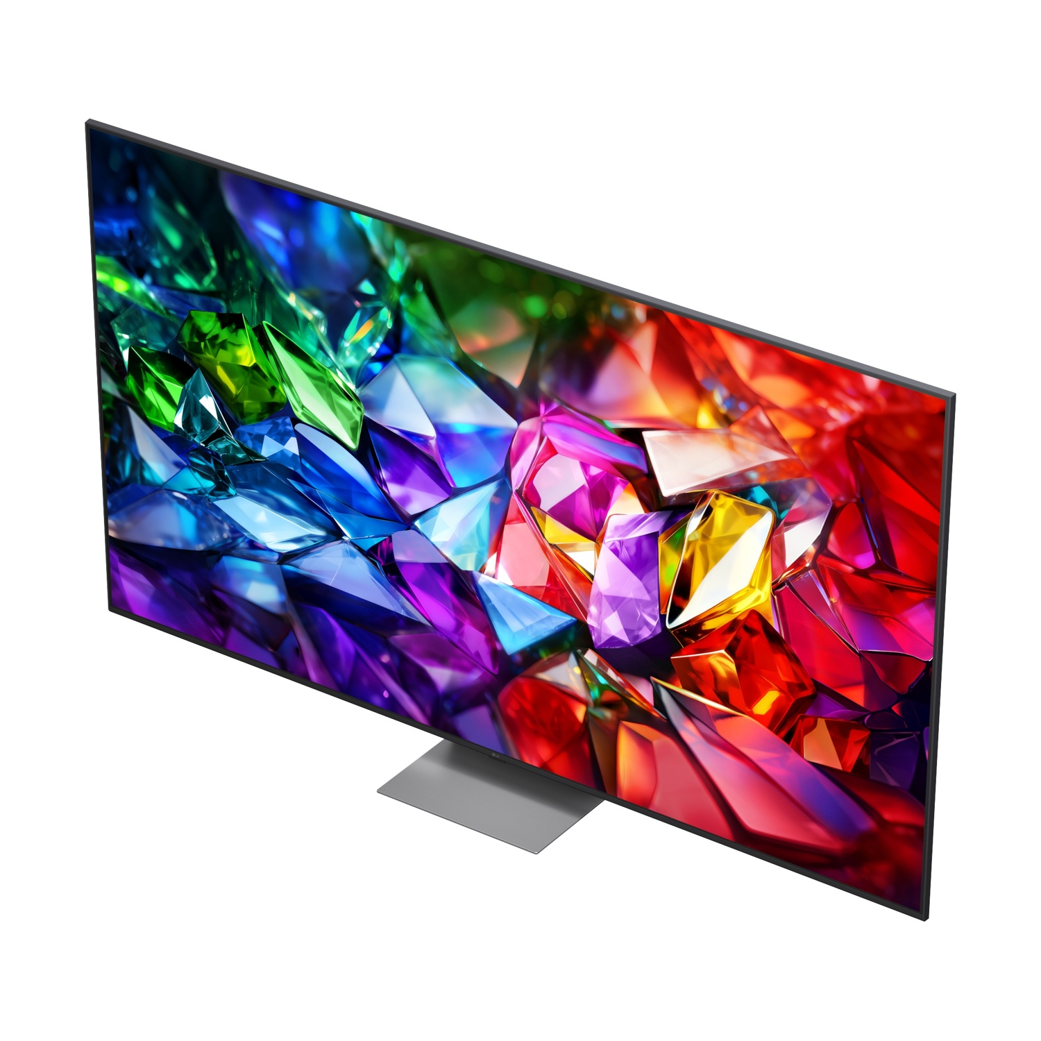 Una TV moderna ed elegante con uno screensaver astratto e colorato su un supporto argentato.