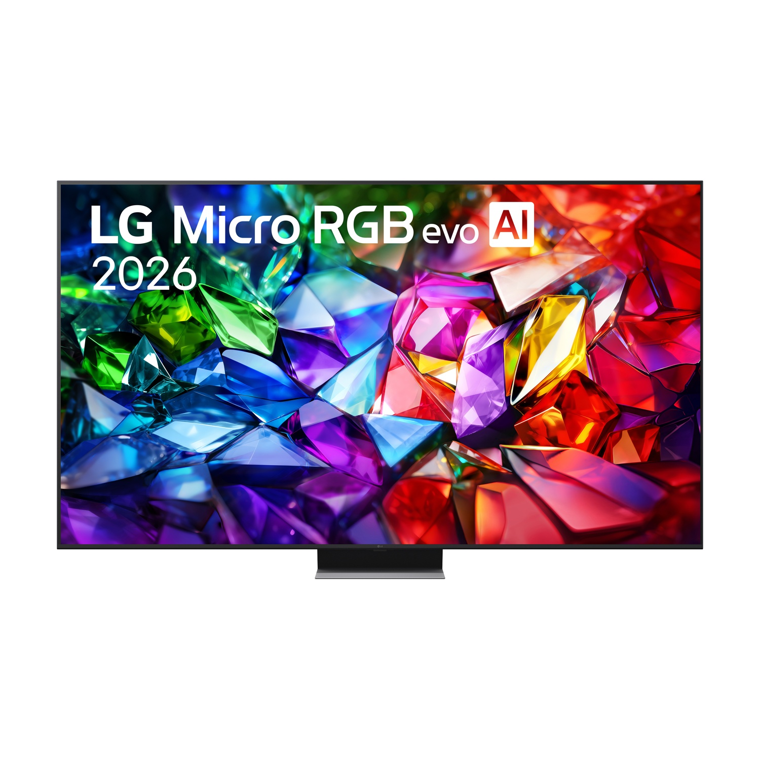 TV LG OLED con logo "LG Micro RGB evo AI 2026" e grafica astratta colorata.