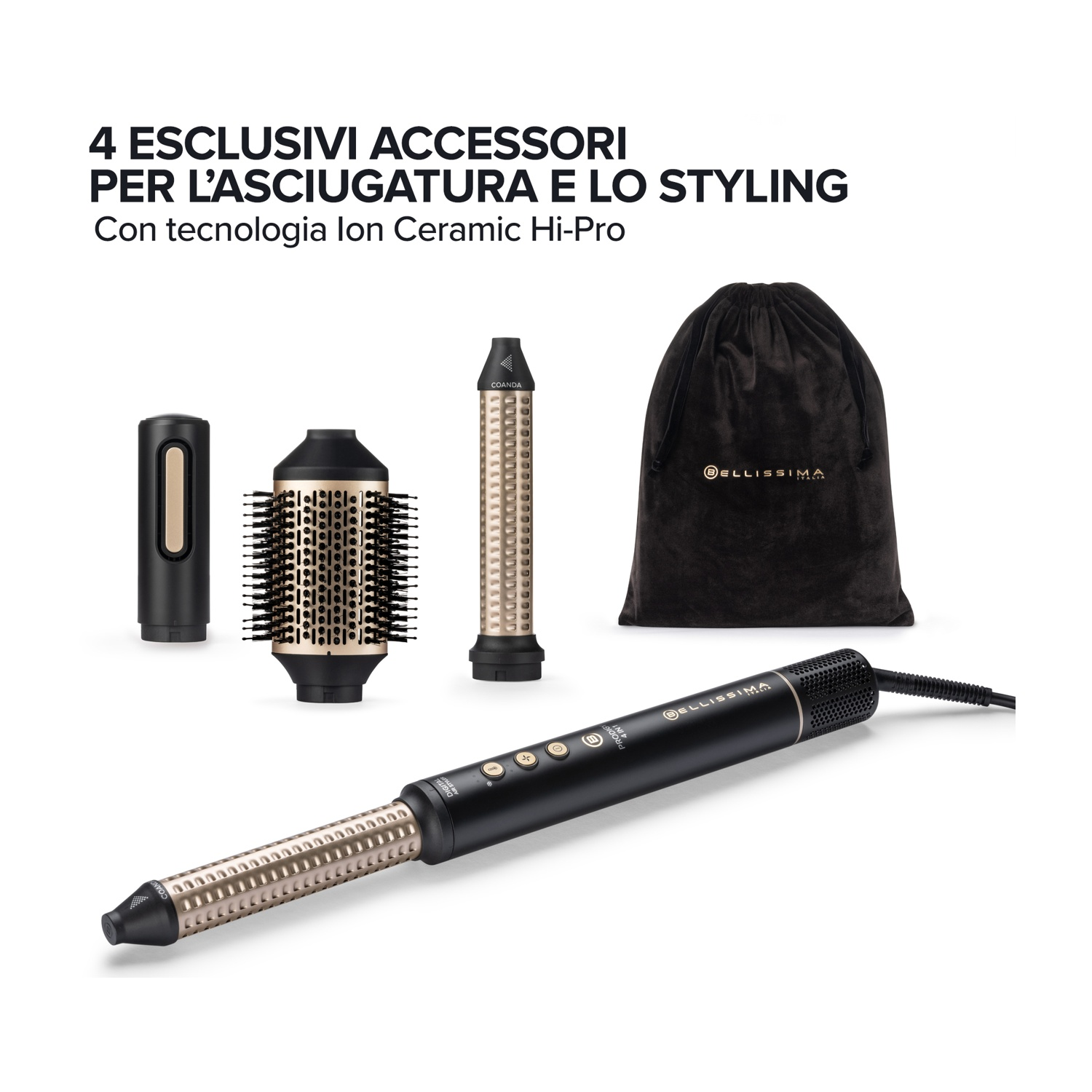 Set styling capelli con 4 accessori: spazzola, 2 testine, pochette e dispositivo.