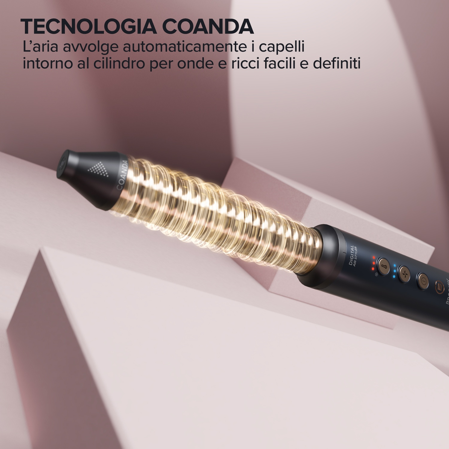 Un arricciacapelli nero con cilindro dorato e pulsanti di controllo.