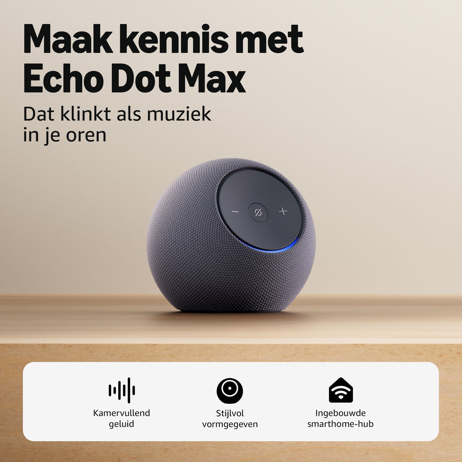 Echo Dot Max gris sur surface en bois avec texte et icônes.