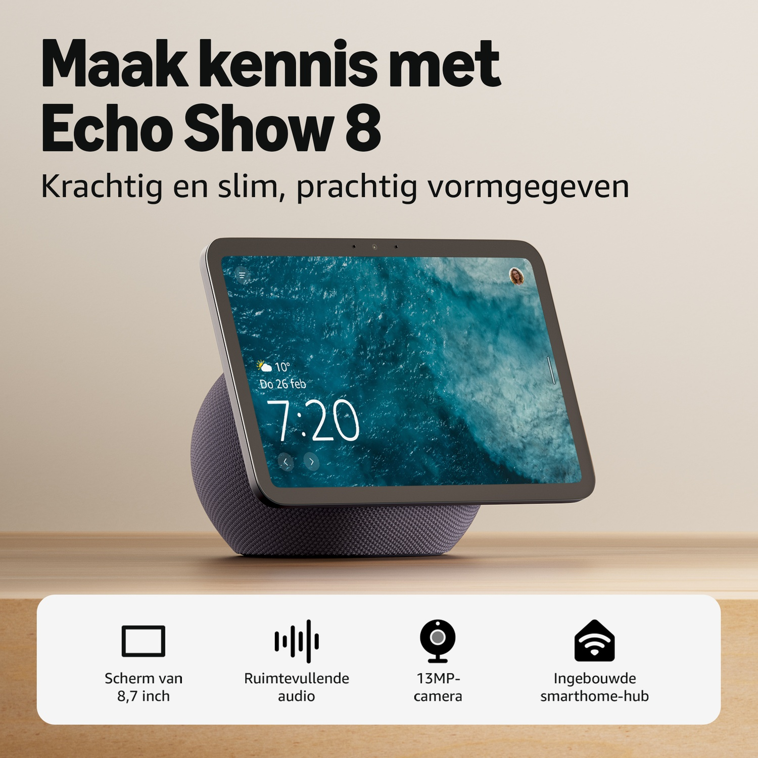 Een Echo Show 8 met 8,7 inch scherm, 13MP camera en ingebouwde smarthome hub.