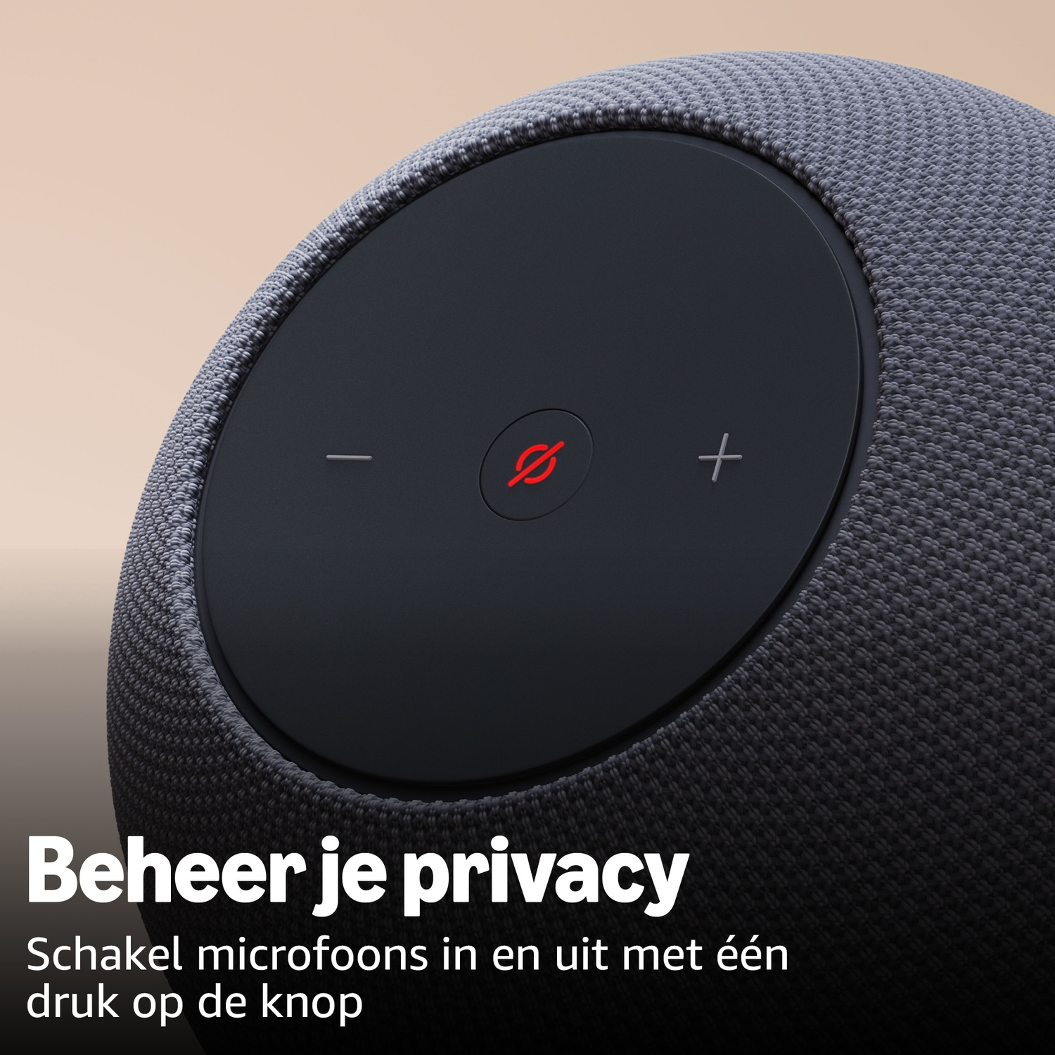A gray speaker with a dark control panel and a red microphone icon.