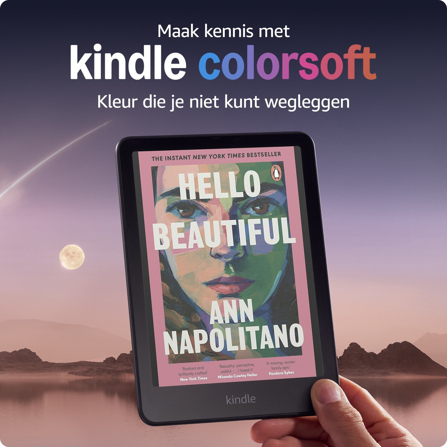Une liseuse Kindle affichant la couverture du livre 'Hello Beautiful' paysage lunaire.