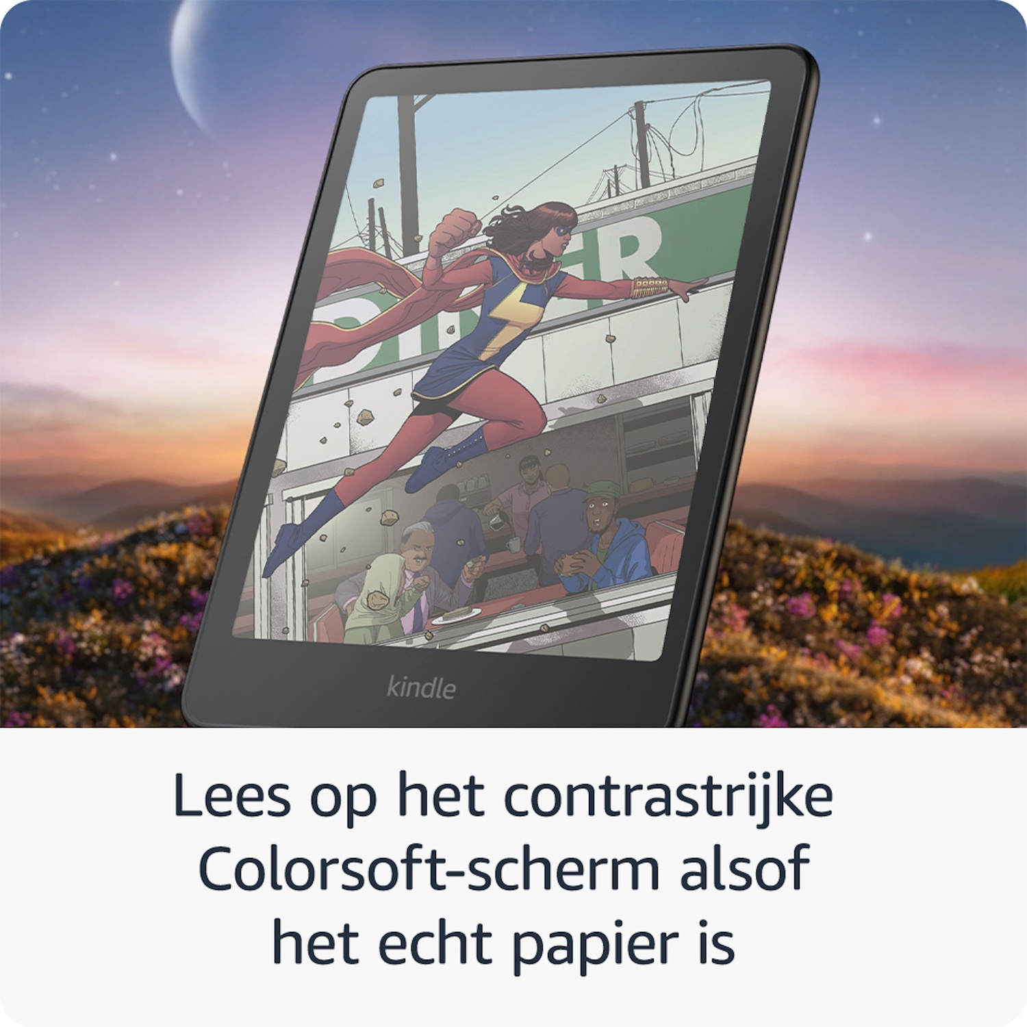 E-reader toont superheld Ms. Marvel in een berglandschap met maan.