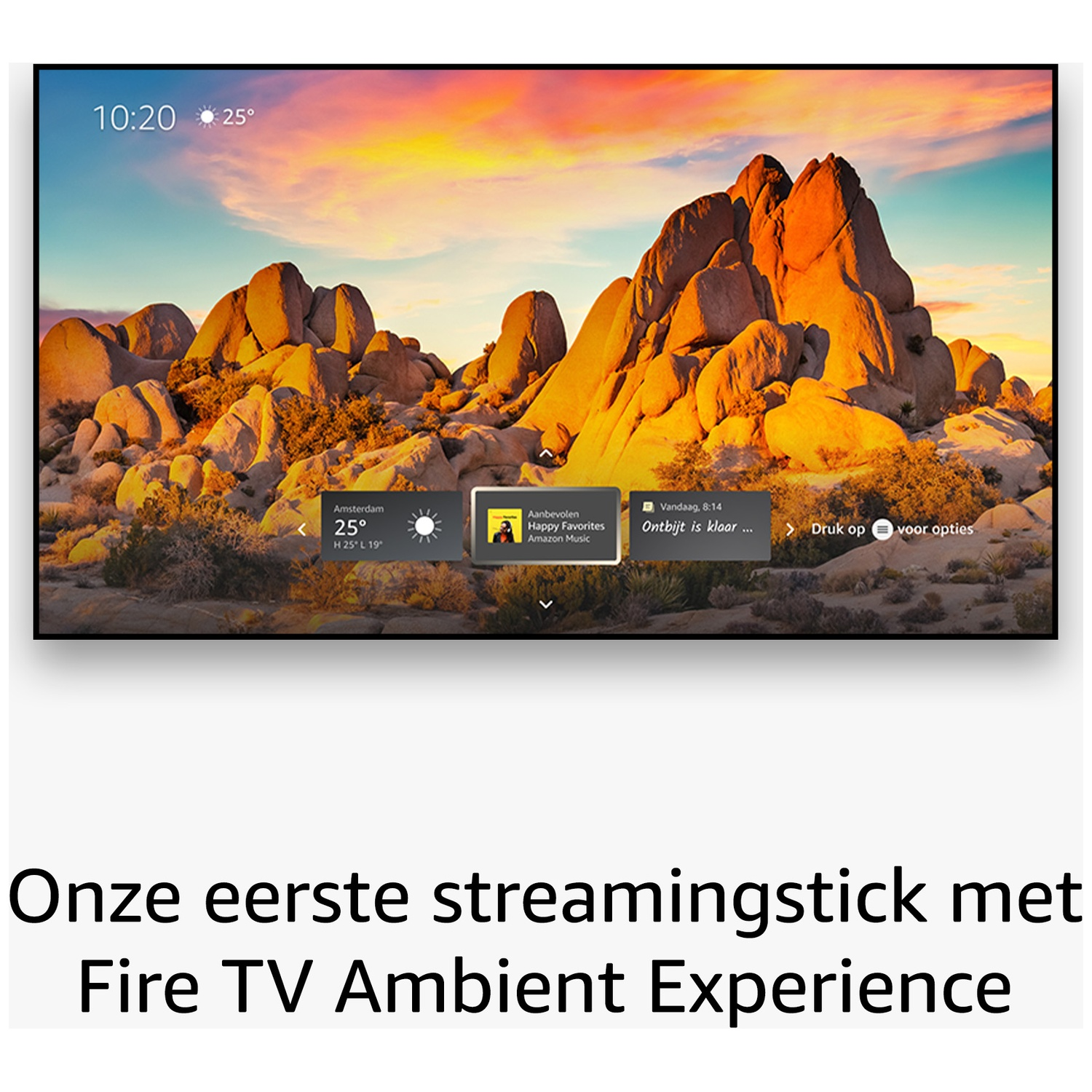 Fire TV affichant un paysage désertique, l'heure et la météo.