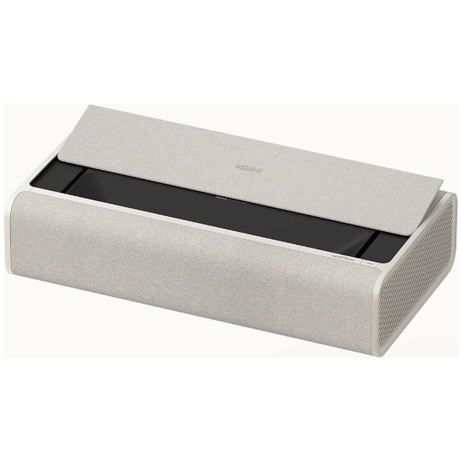 Een witte XGIMI projector met een zilveren stoffen hoes en open deksel.