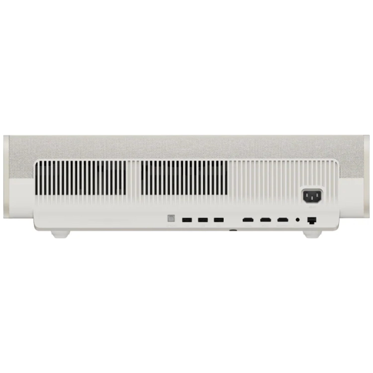 Een witte projector met ventilatieopeningen en poorten aan de achterkant.