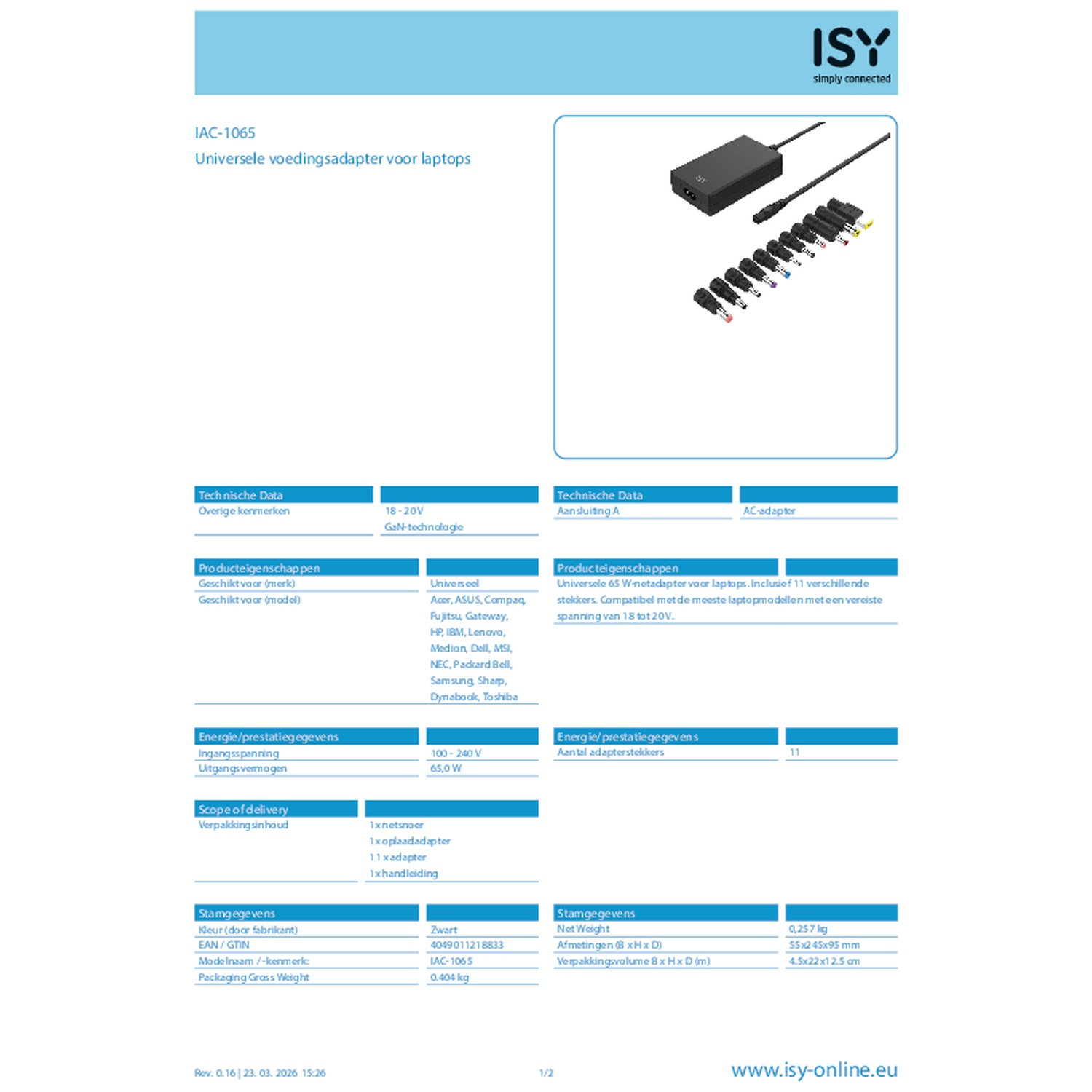 A black ISY 65W laptop power adapter with 11 different connectors.