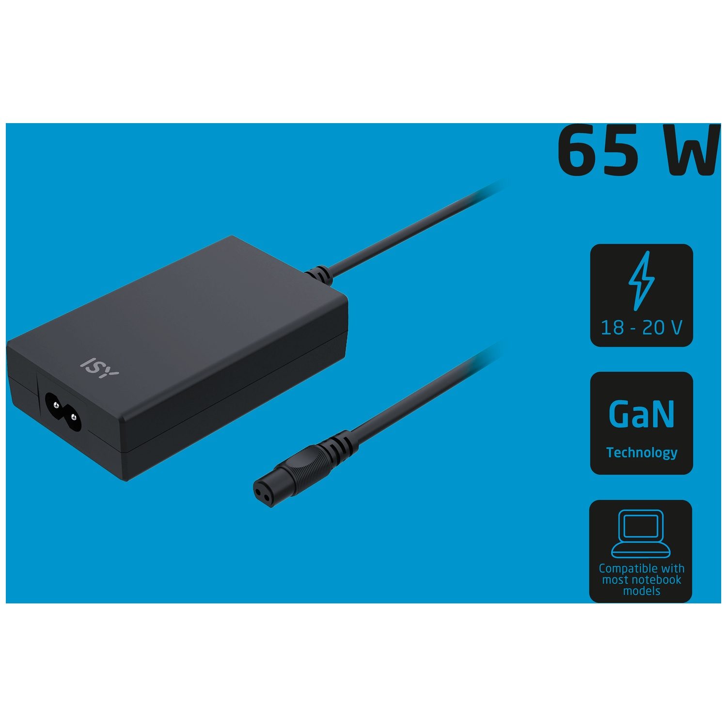 Black ISY 65W GaN charger with two cables on blue background.