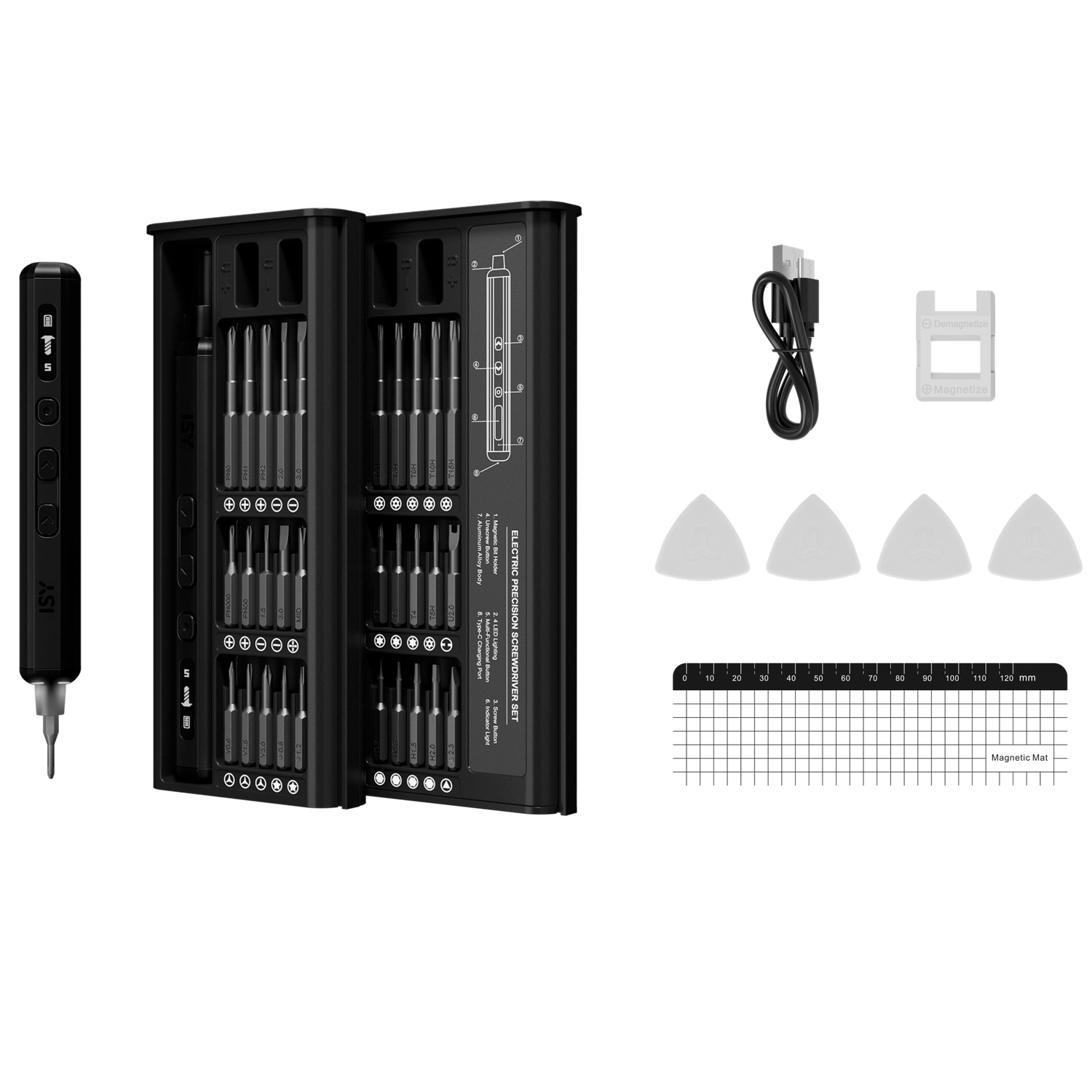 Ensemble de tournevis de précision avec embouts, câble USB, tapis magnétique et règle.