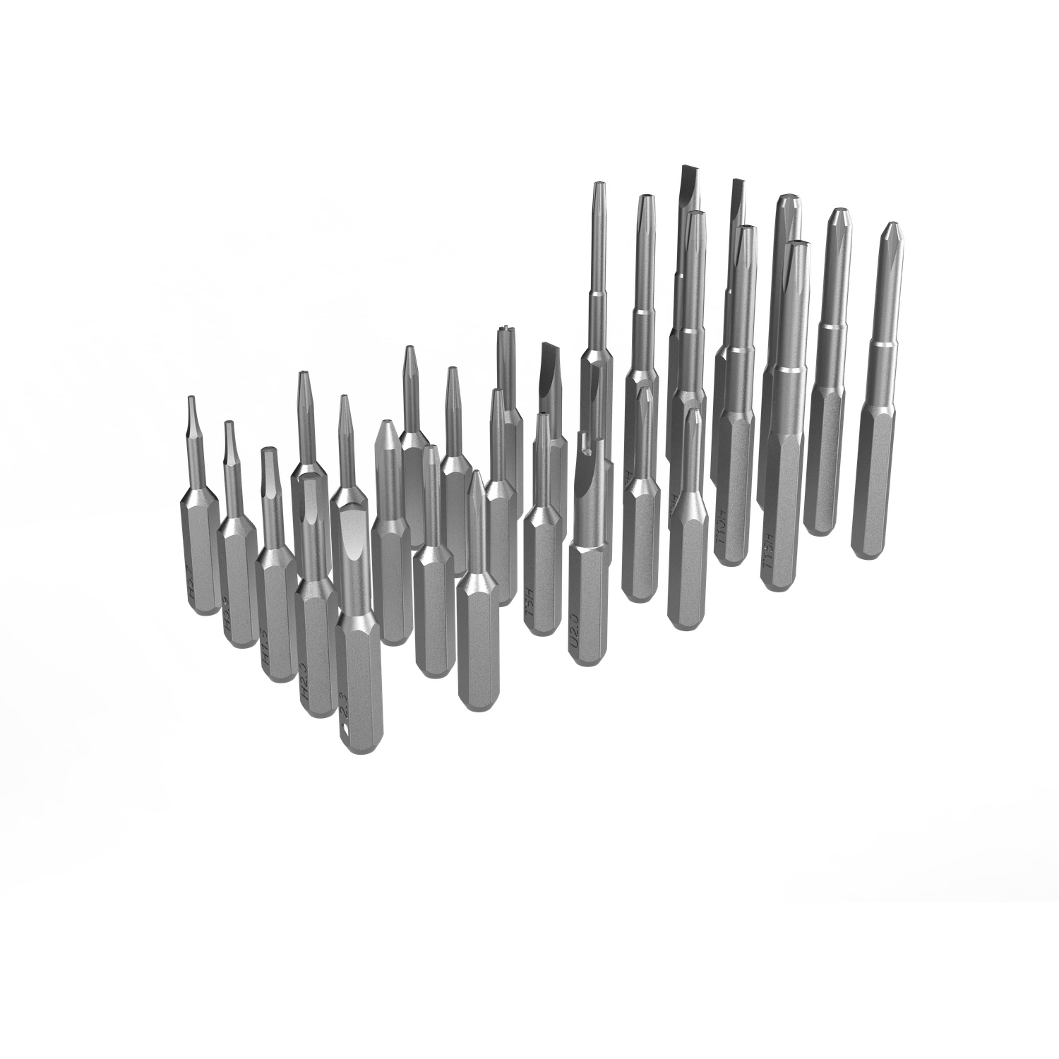 Une collection de divers embouts de tournevis métalliques disposés sur fond blanc.