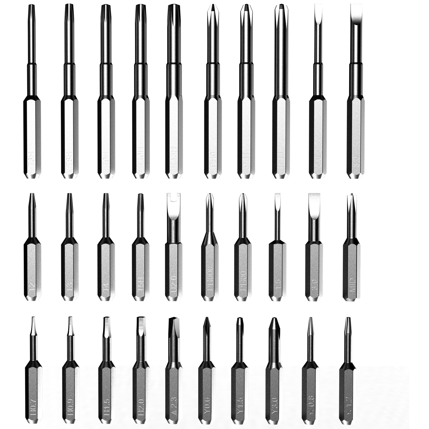Un ensemble de 30 embouts de tournevis de précision de différentes formes et tailles, organisés en rangées.