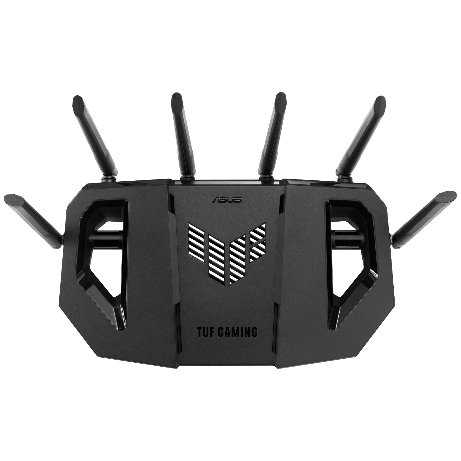 A black ASUS TUF Gaming router with six antennas, a white logo, and ventilation slits.
