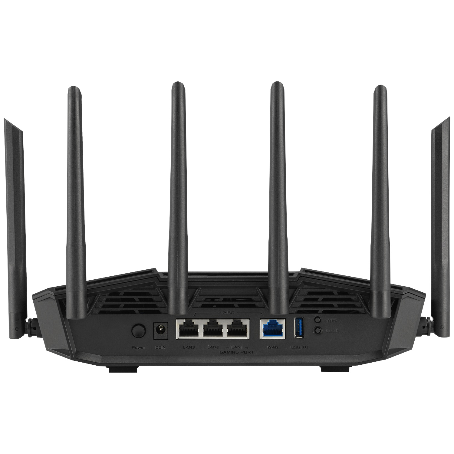 Black router with six antennas, USB port, and Ethernet ports on the back.