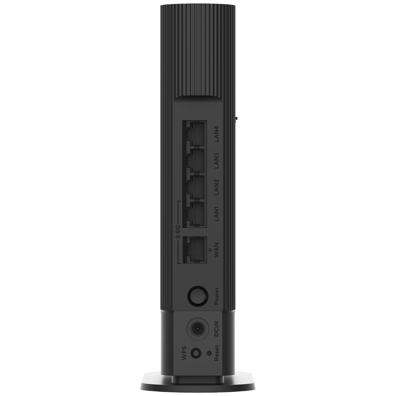 Black router with ports labeled WAN, LAN1-4, 2.5G, Power, DCIN, Reset, WPS.