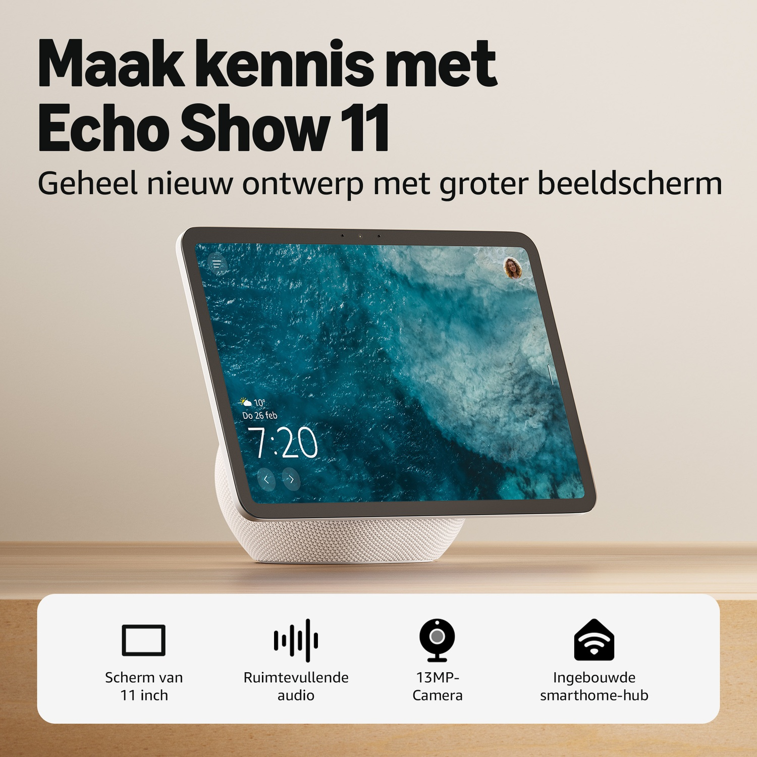Echo Show 11 met 11-inch scherm, 13MP camera, ruimtevullend geluid, smarthome hub.
