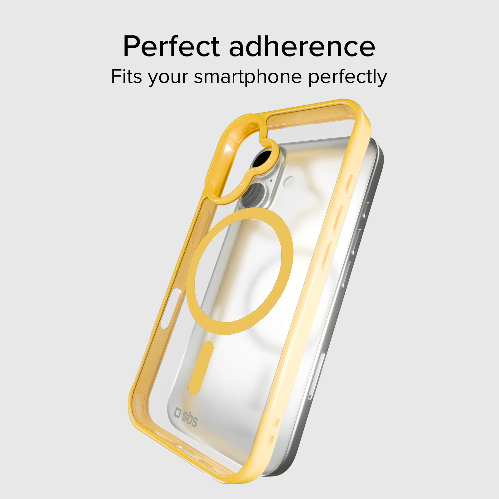 Eine durchsichtige Handyhülle mit gelbem Rand und Magnetring an einem Handy.