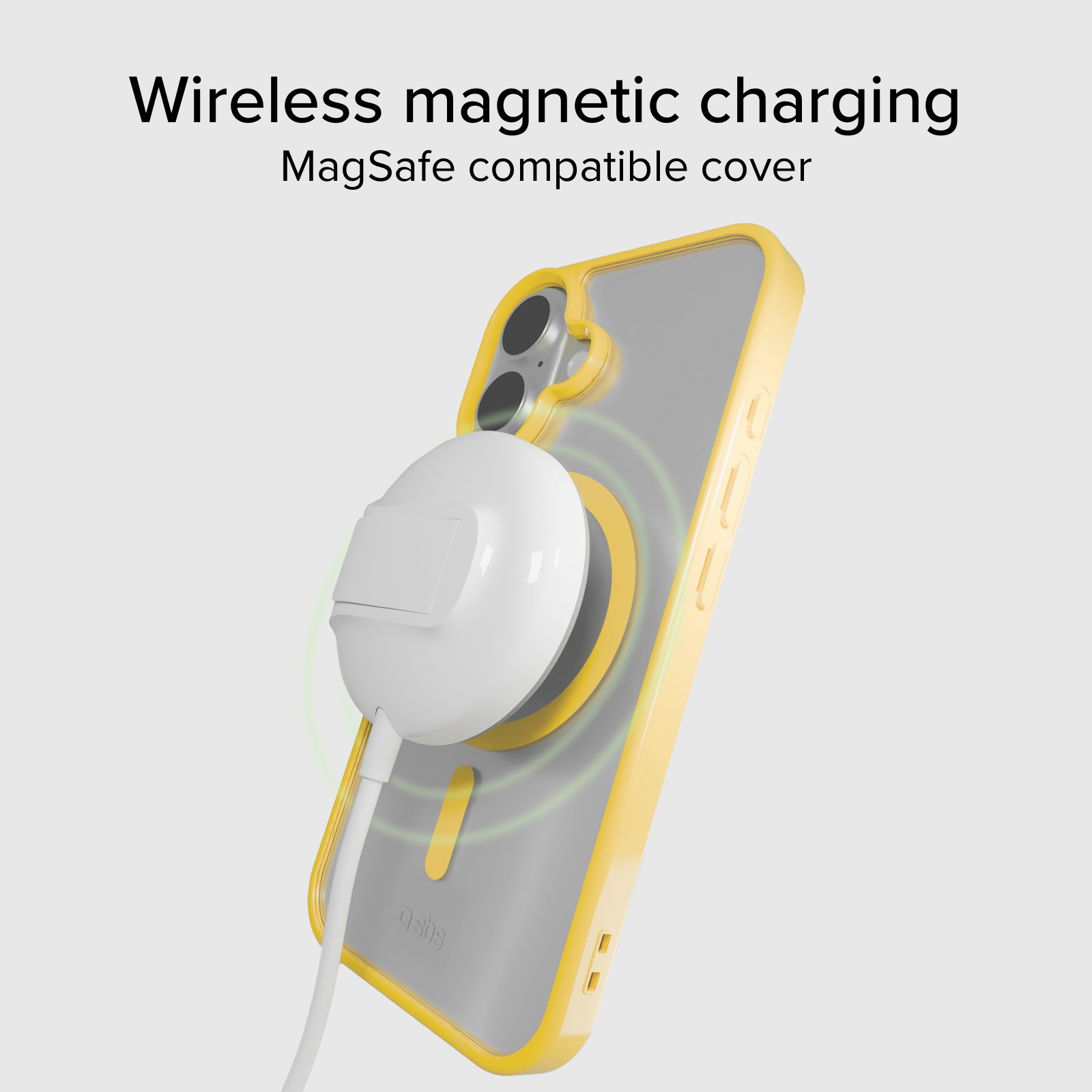 Ein gelbes iPhone-Case mit MagSafe-Ladegerät, das kabelloses Laden anzeigt.