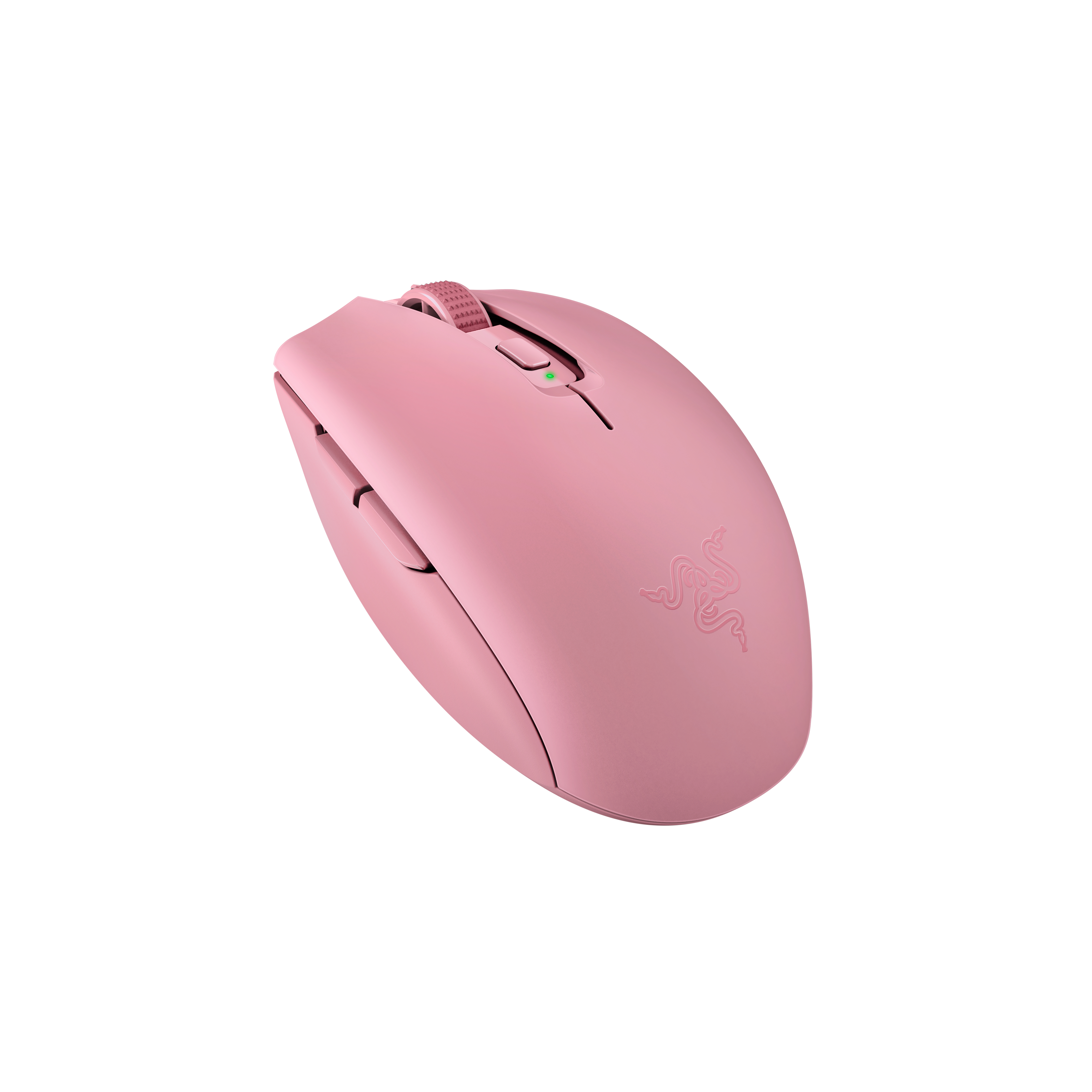 Eine rosafarbene Gaming-Maus mit einem beleuchteten grünen Knopf.