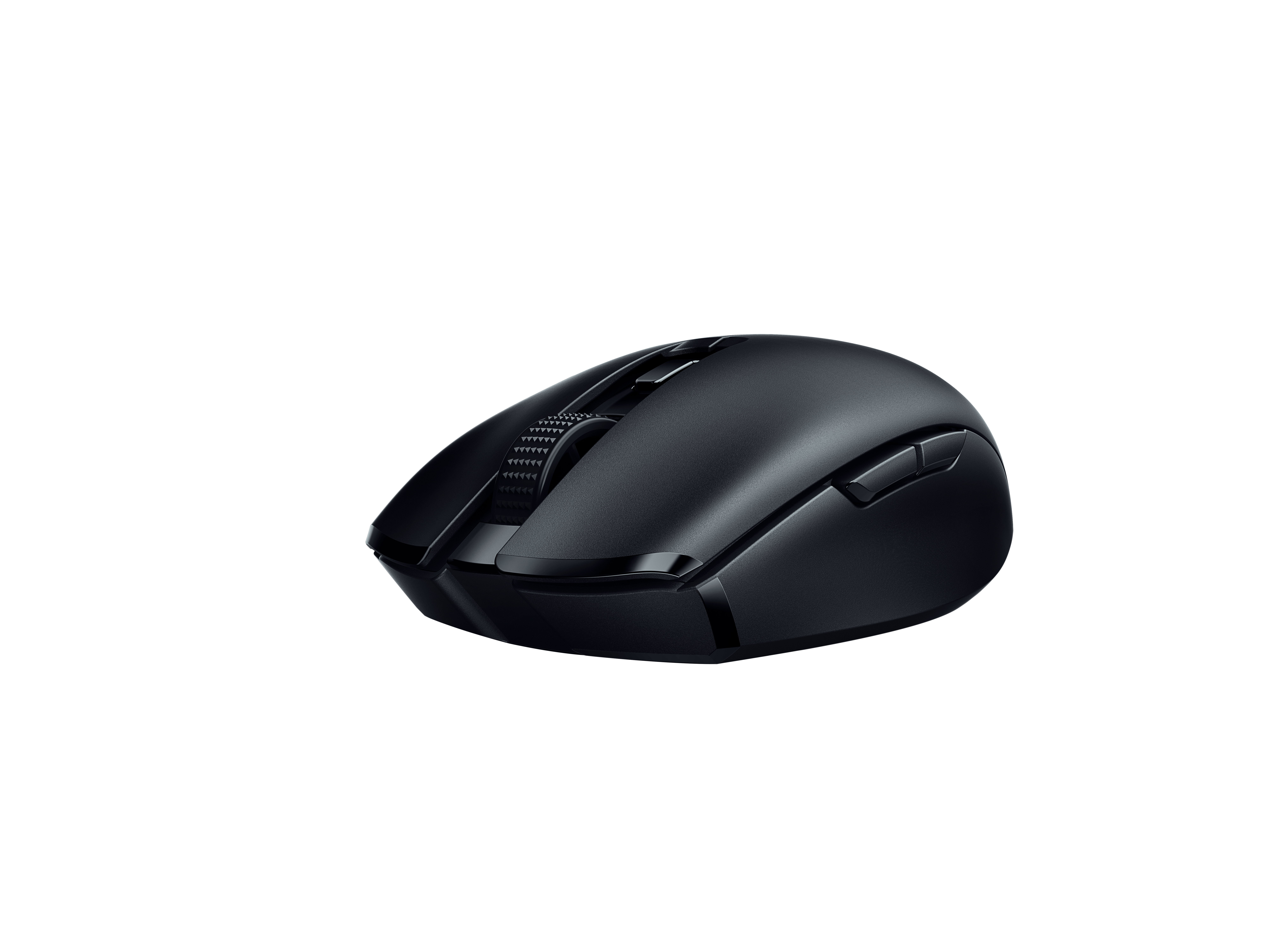 Schwarze Gaming-Maus mit Scrollrad und Tasten, auf weißem Hintergrund.