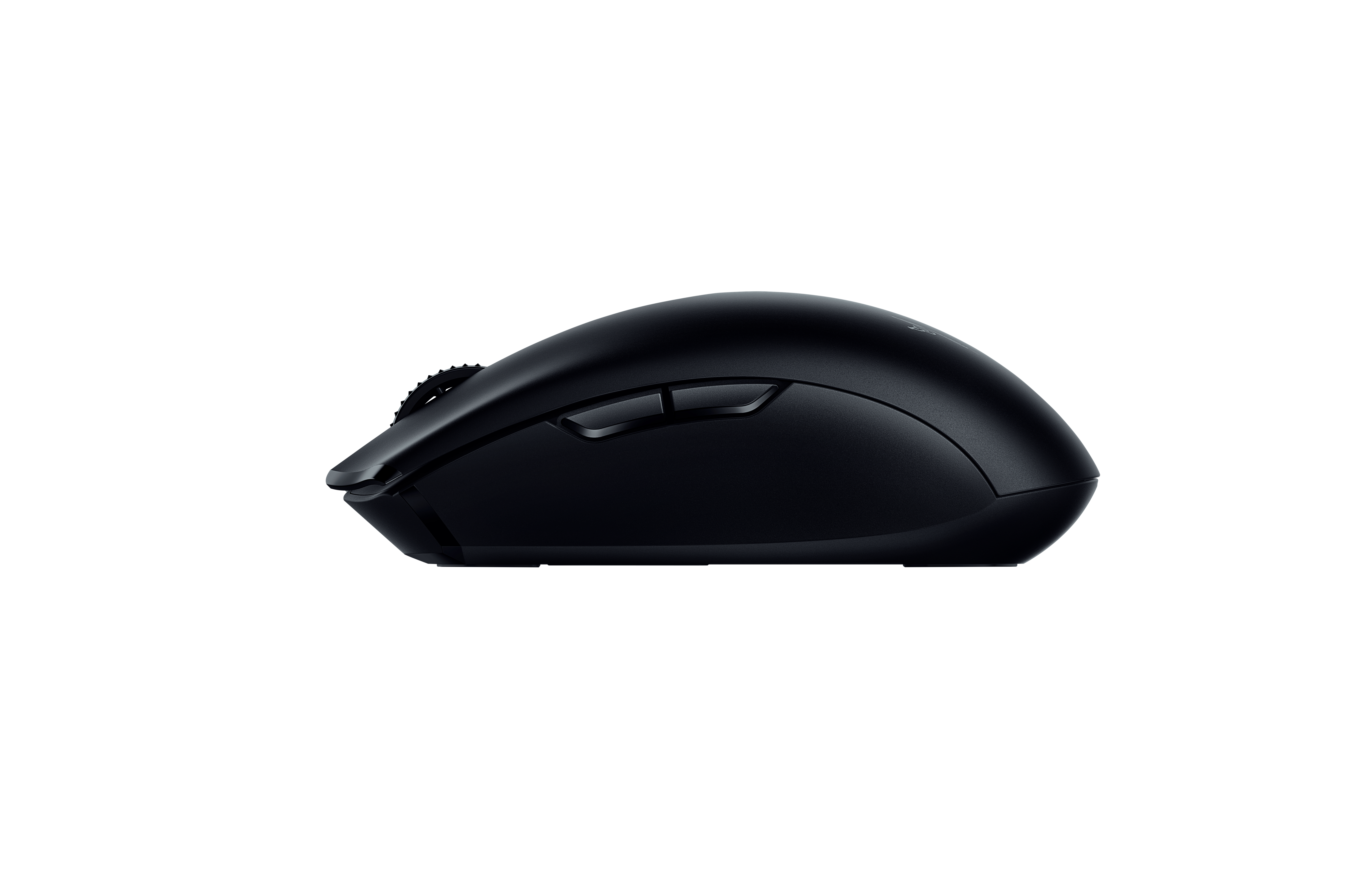 Eine schwarze Computermaus mit Scrollrad und zwei Tasten ist seitlich abgebildet.