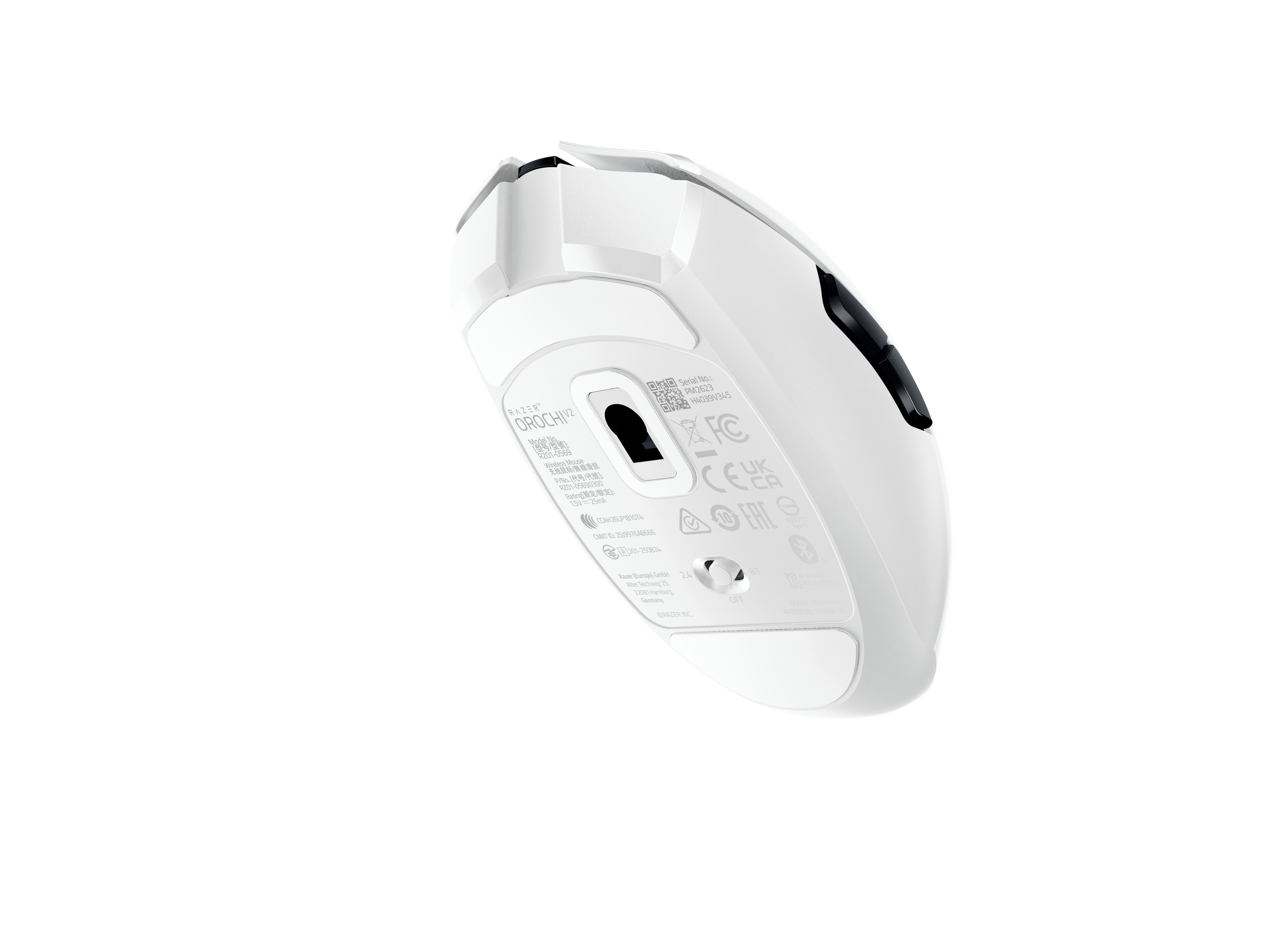Weiße Razer Orochi V2 Gaming-Maus mit schwarzem Detail, Ansicht von unten.