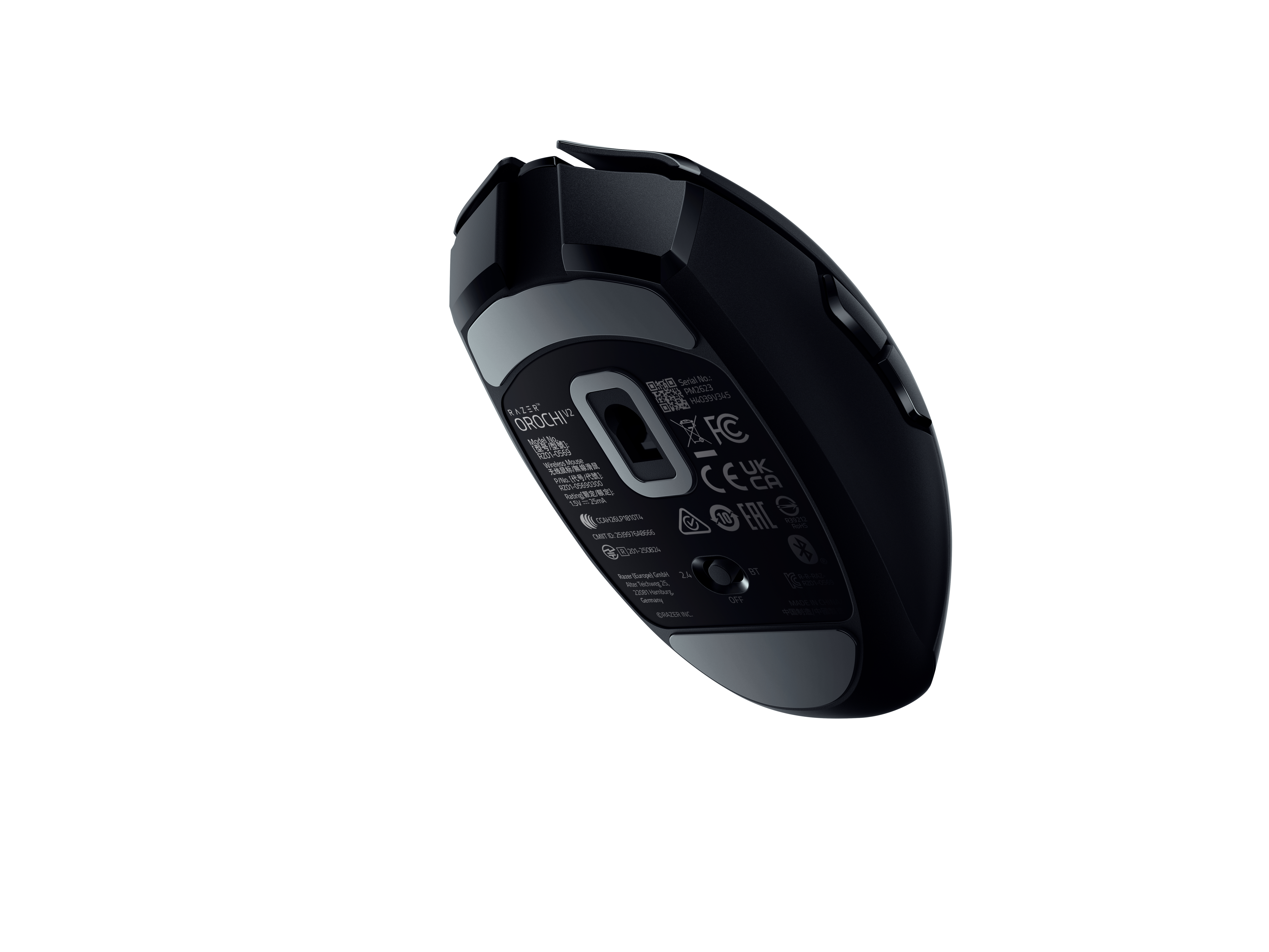 Schwarze Razer Orochi V2 Gaming-Maus, von unten mit Siegeln und Modellnummern.