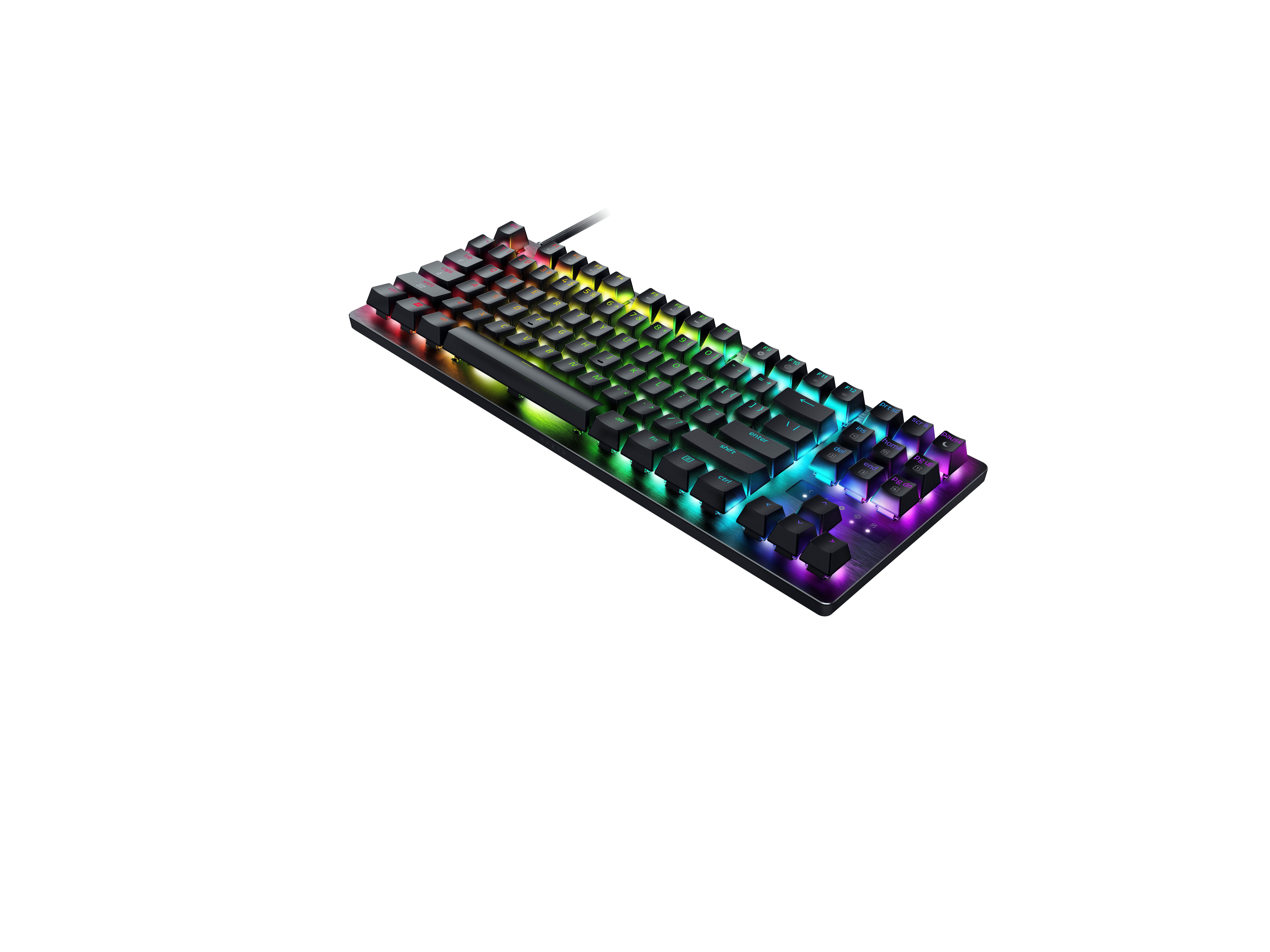 Eine schwarze Tastatur mit bunten RGB-Lichteffekten auf weißem Hintergrund.
