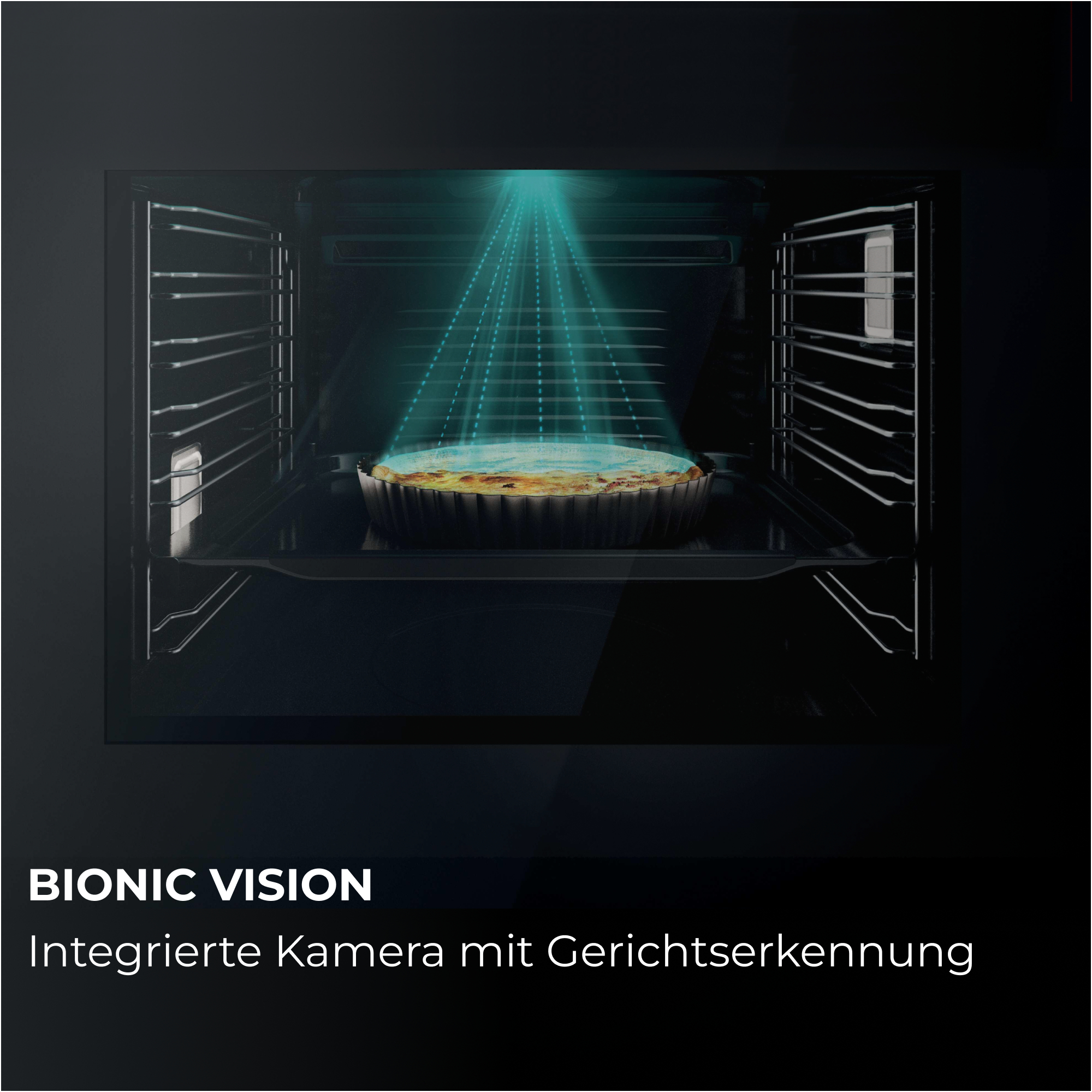 Ein Kuchen in einem Backofen, mit blauen Lichtstrahlen, die auf ihn gerichtet sind.