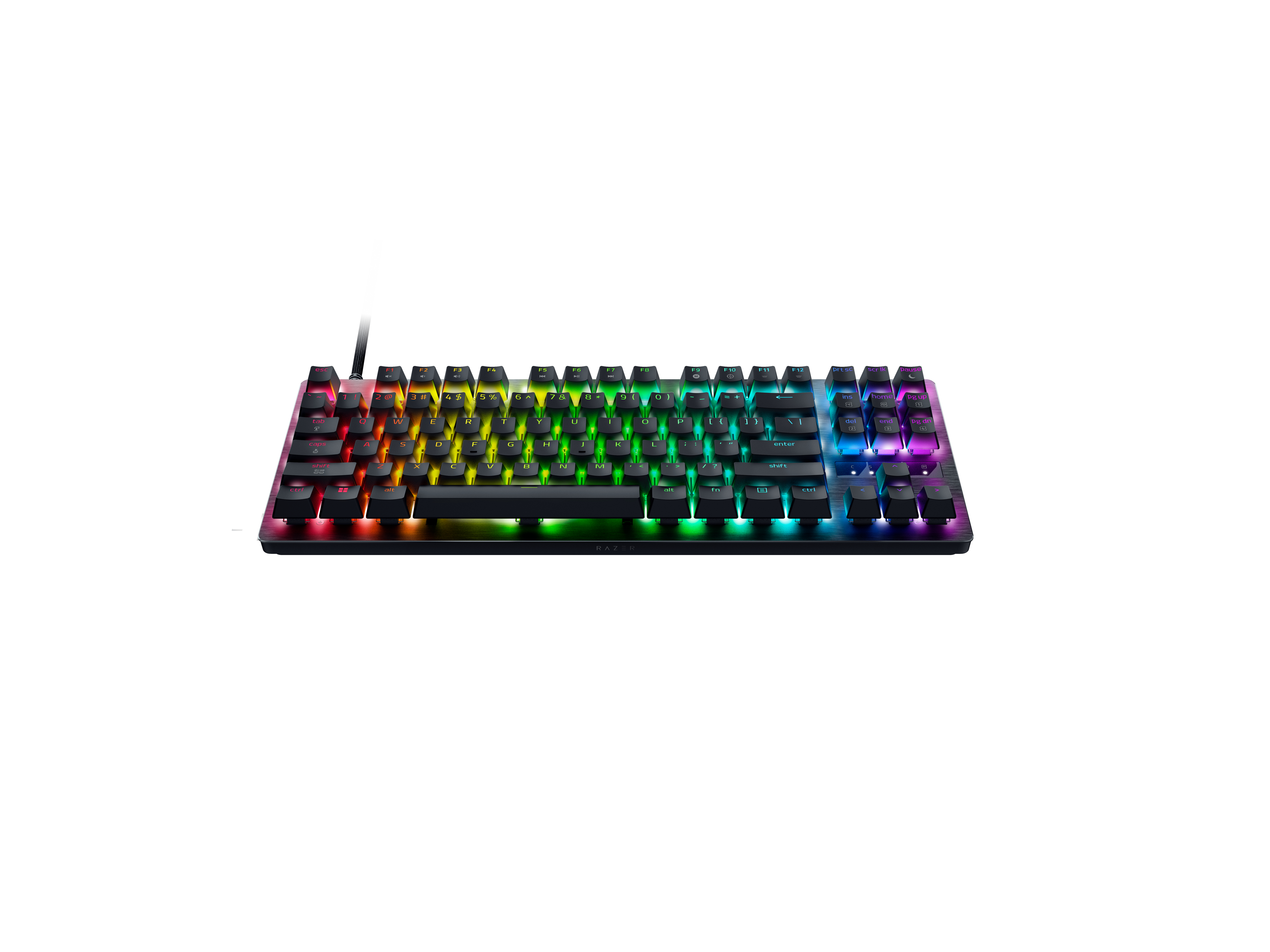 Eine schwarze Tastatur mit RGB-Beleuchtung, die von links nach rechts von Rot über Gelb zu Grün verläuft.