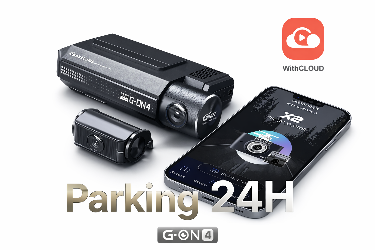 Gösterge paneli kamerası, arka kamera, uygulama yüklü akıllı telefon ve 'Parking 24H' yazısı.
